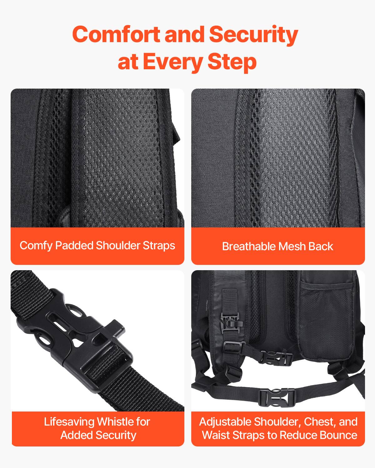Comfort and Security at Every Step

- Comfy Padded Shoulder Straps
- Breathable Mesh Back
- Lifesaving Whistle for Added Security
- Adjustable Shoulder, Chest, and Waist Straps to Reduce Bounce