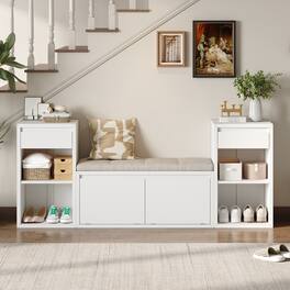 Ropilly - Entryway Storage Bench with Cushion Drawers and Open Shoe Shelves - White