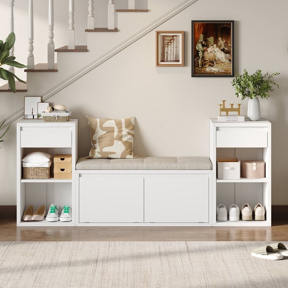 Front. Ropilly - Ropilly White Entryway Storage Bench with Cushion Drawers and Open Shoe Shelves - White.