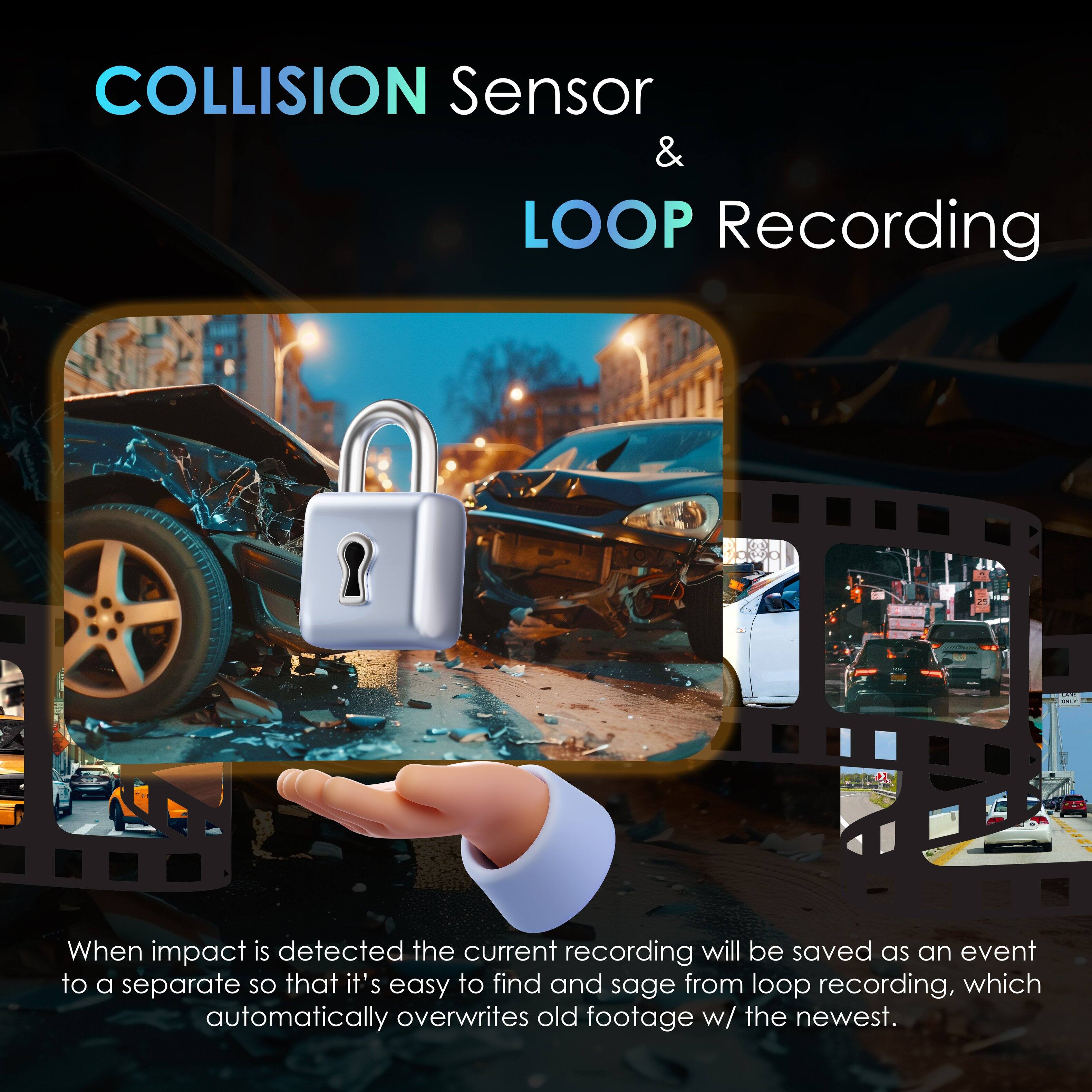 COLLISION Sensor & LOOP Recording

When impact is detected, the current recording will be saved as an event to a separate SD so that it's easy to find and save from loop recording, which automatically overwrites old footage with the newest.