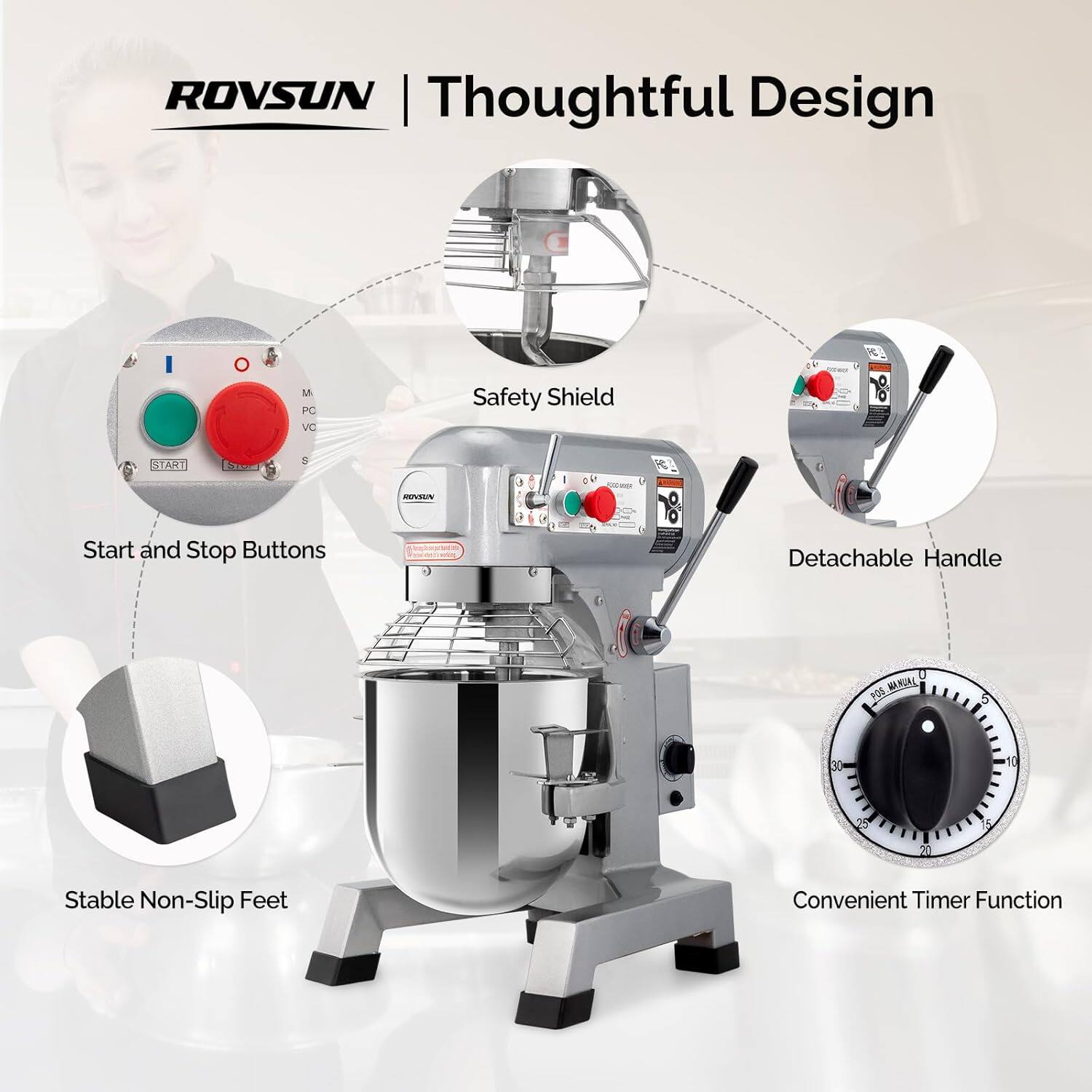 ROVSUN Thoughtful Design  
- Safety Shield  
- Start and Stop Buttons  
- Detachable Handle  
- Stable Non-Slip Feet  
- Convenient Timer Function