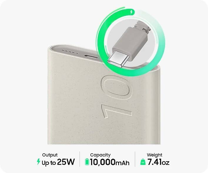 Output Capacity Weight  
Up to 25W 10,000mAh 7.41oz