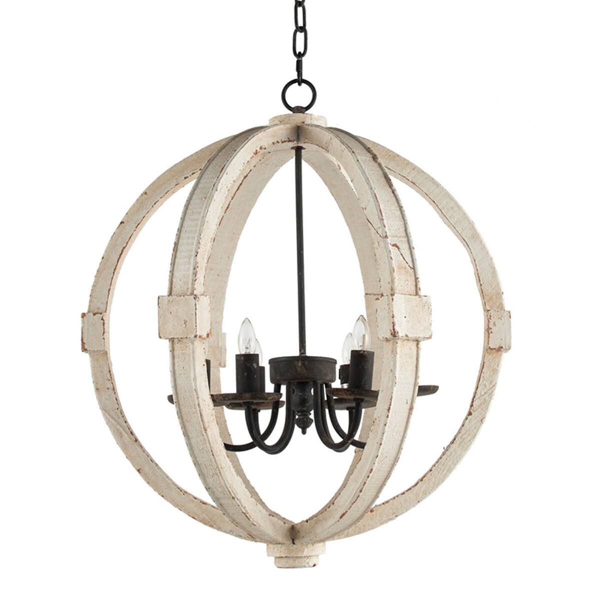 Left. Loheer - Loheer Six Light Wood Chandelier, Distressed White Finish, Adjustable Chain for Dining Room or Foyer.