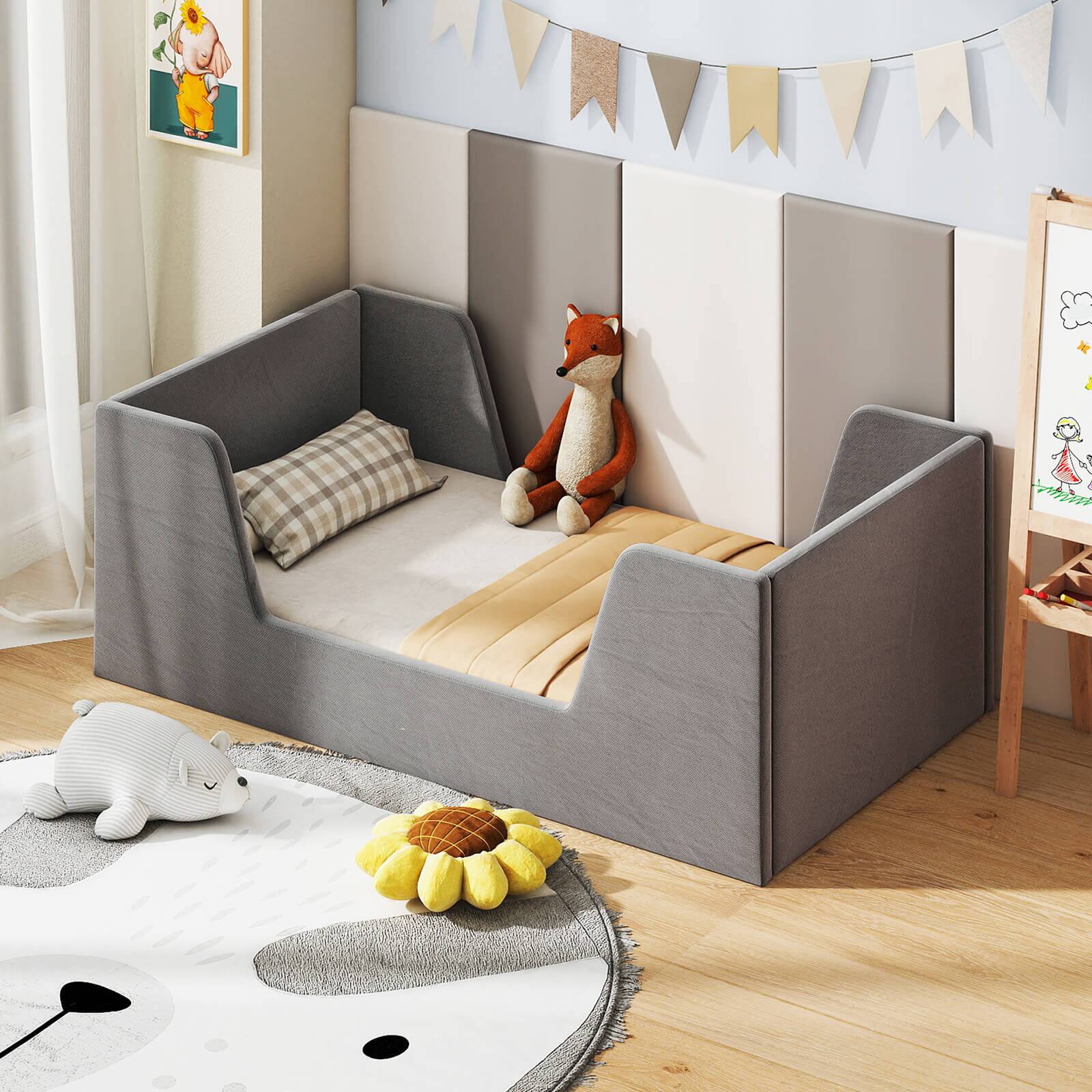 Alt View 1. Costway - Costway Soft Velvet Fabric Upholstered Children Floor Bed with Safety Rails & Headboard - Gray.
