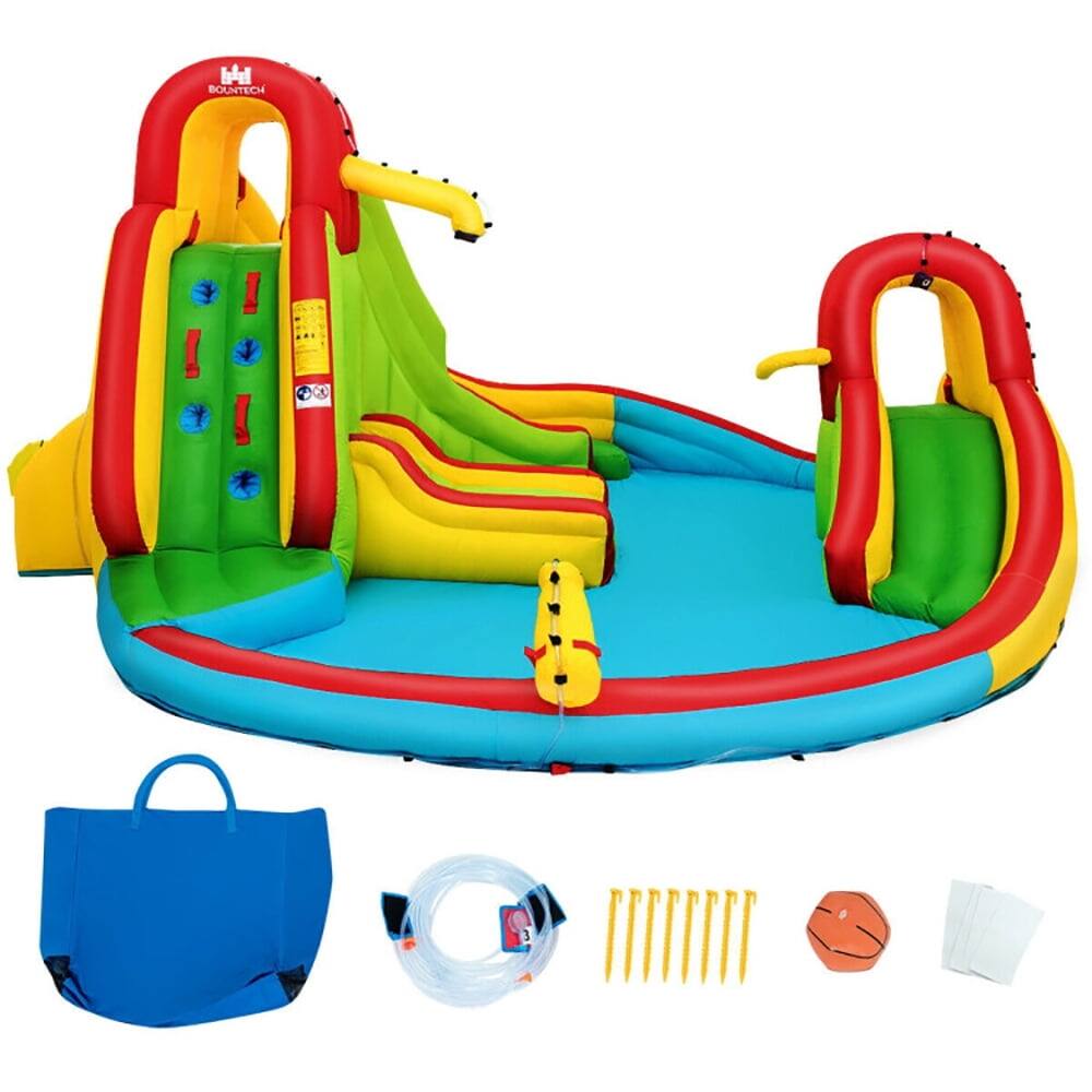 Left. Pefilos - Kid's Inflatable Water Slide Bounce House with Climbing Wall and Pool Without Blower, Jumping Castle Family Backyard - Red.