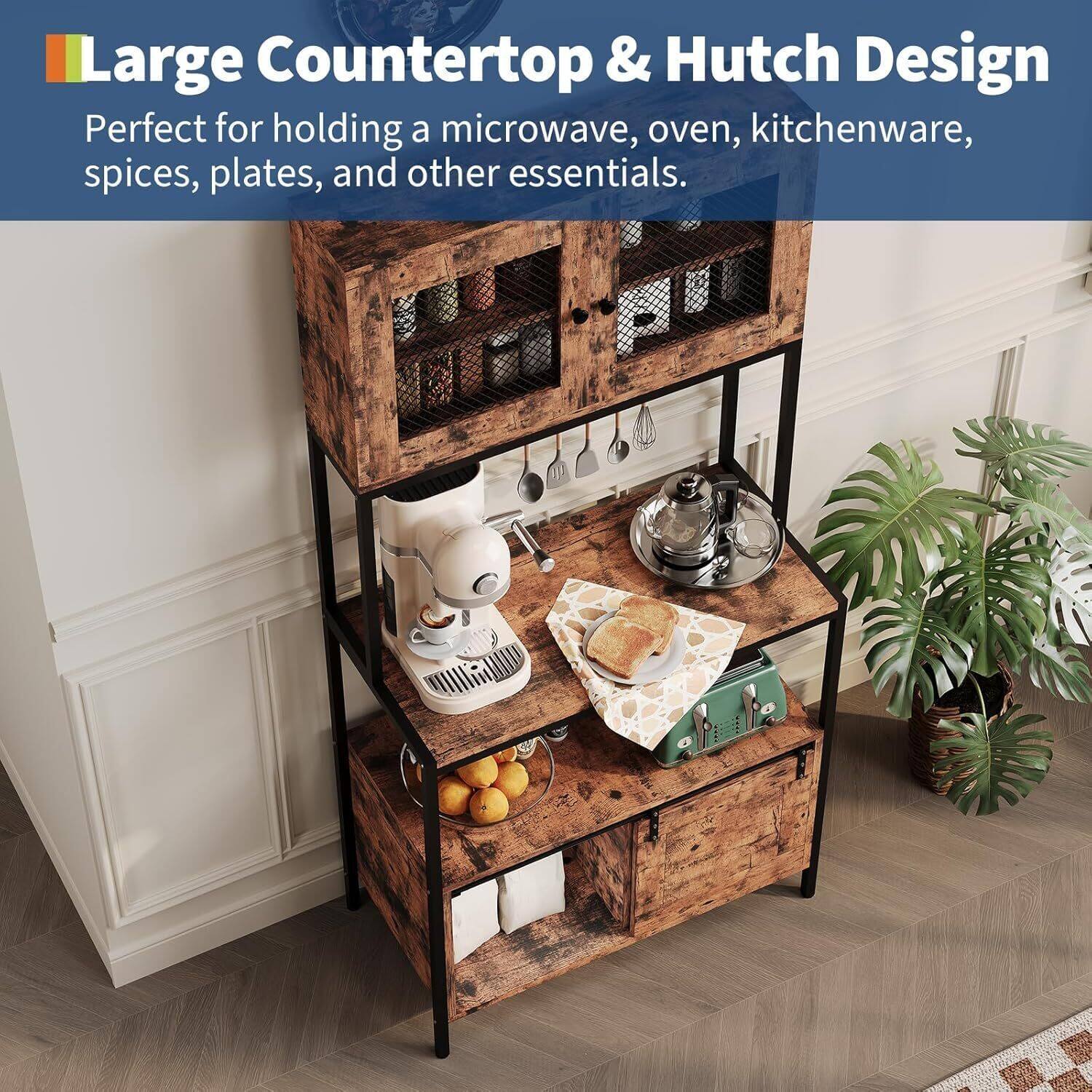 Large Countertop & Hutch Design  
Perfect for holding a microwave, oven, kitchenware, spices, plates, and other essentials.