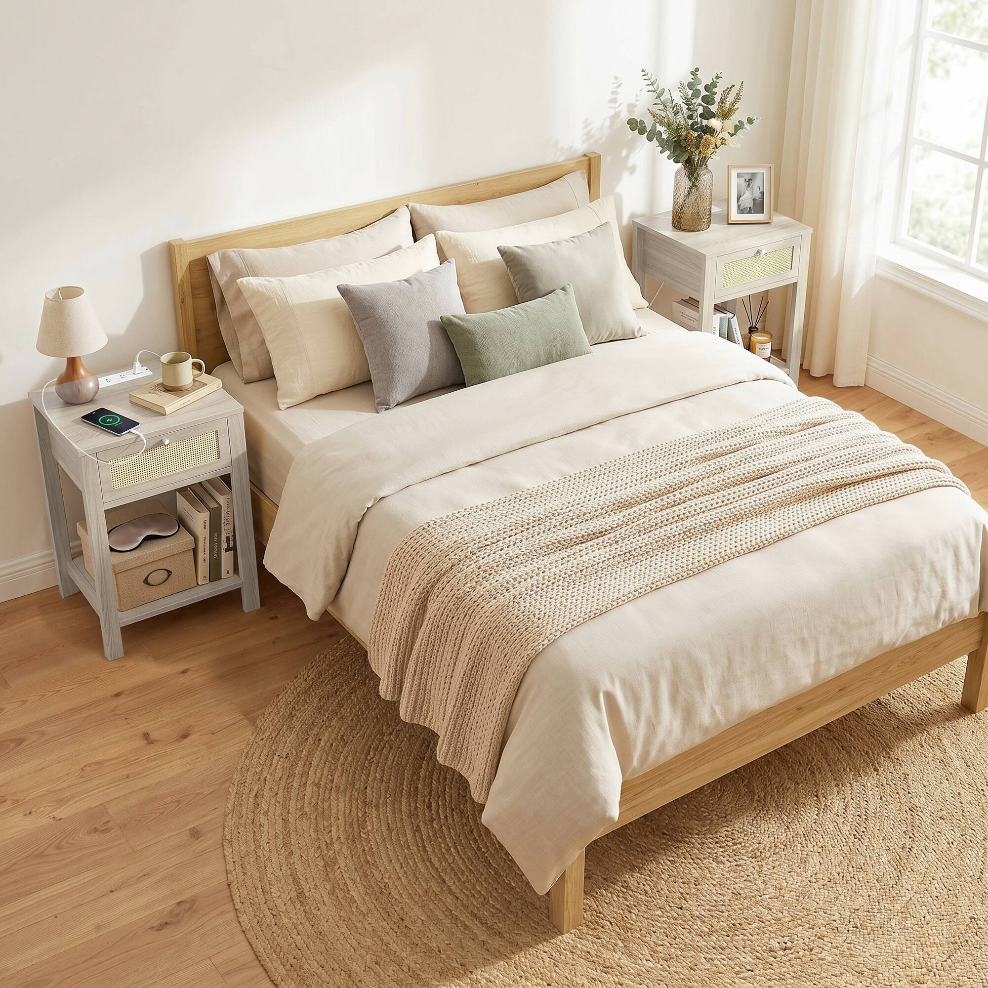 Alt View 8. Homcom - Side Tables Set of 2 with Charging Station, End Tables with Drawer and Open Shelf for Living Room - Natural Wood.