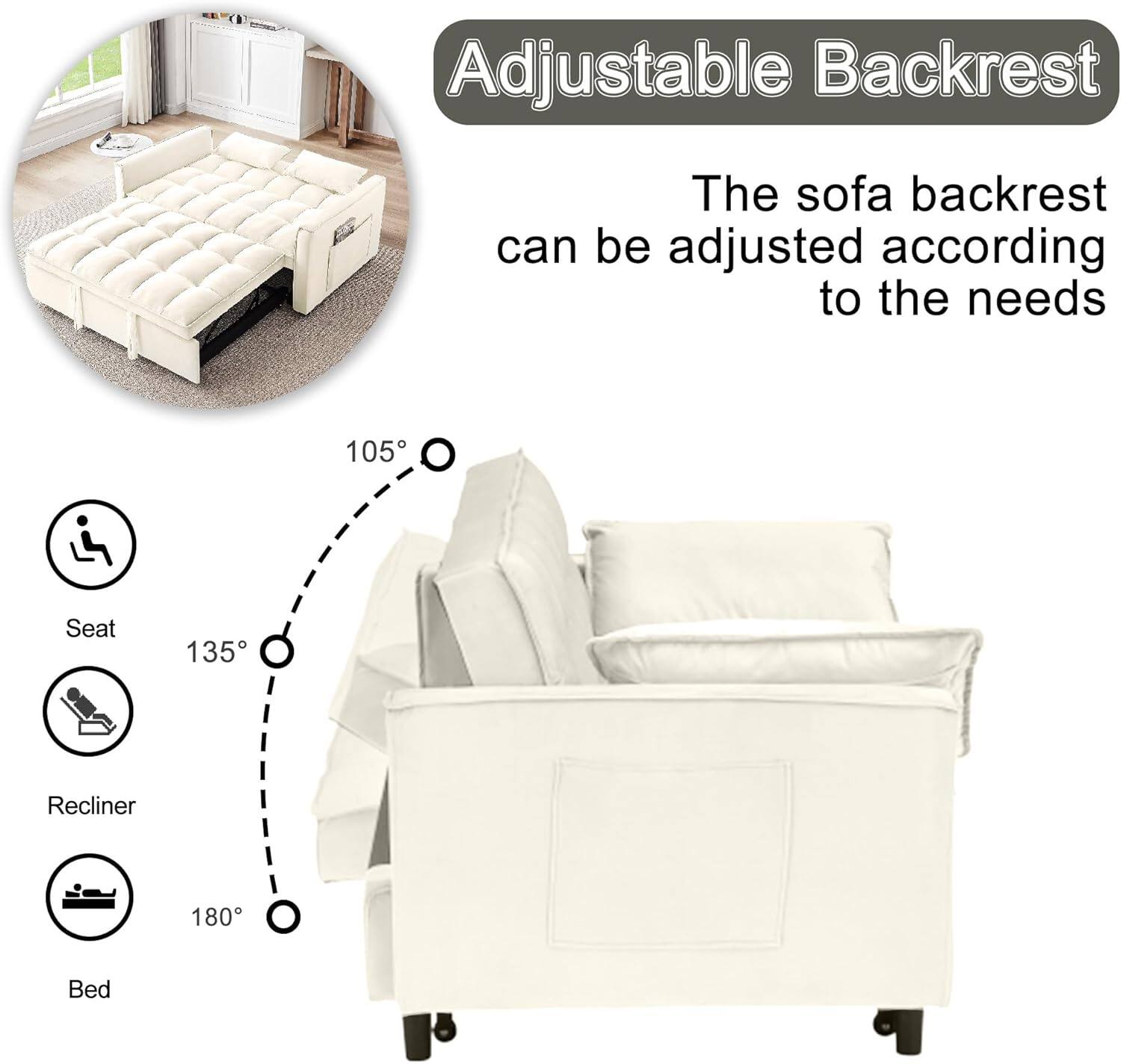 Adjustable Backrest

The sofa backrest can be adjusted according to the needs

105° Seat
135° Recliner
180° Bed