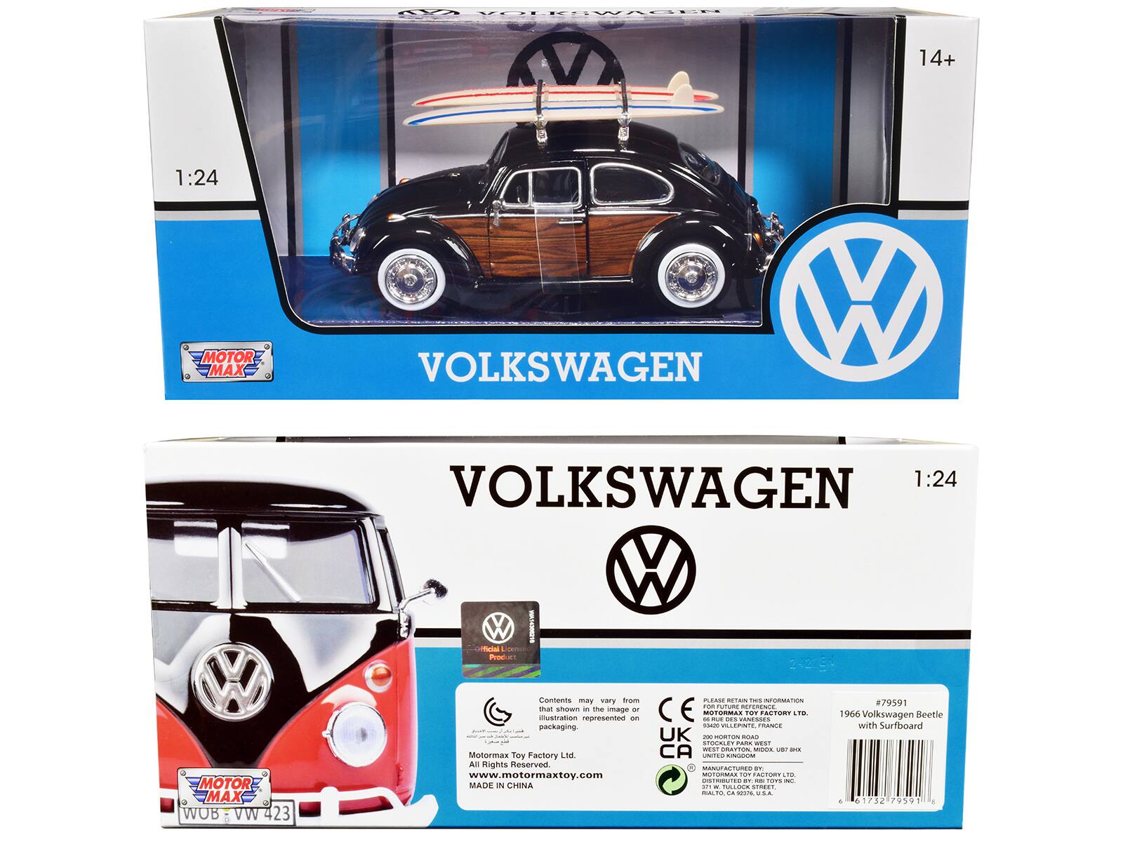 14+
1:24
MOTOR MAX
VOLKSWAGEN
VOLKSWAGEN 1:24
OFFICIAL Product
1454300218
MOTOR MAX WOB VW 423
Contents may vary from that shown in the image. MY illustration represented on packaging. Motormax Toy Factory Ltd. All Rights Reserved. www.motormaxtoy.com MADE IN CHINA
PLEASE RETAIN THIS INFORMATION FOR FUTURE REFERENCE MOTORMAX TOY FACTORY LTD. - DES VANTASES TAGU VILLEPINTE, MANGE UK - HORTON BAAR STOESLEY PARK WEST CA WEST DISKYTONG MISTIE UN? are SUPPER KINGDOM MANUFACTURED 000 MUTURMAS FIFT FACTORY THE DE INIBSITED BY: FUELL TOTS INC. ... - DRLOCK , RIALTO, SA 0237ML U.S.A.
#79591 1966 Volkswagen Beetle with Surfboard