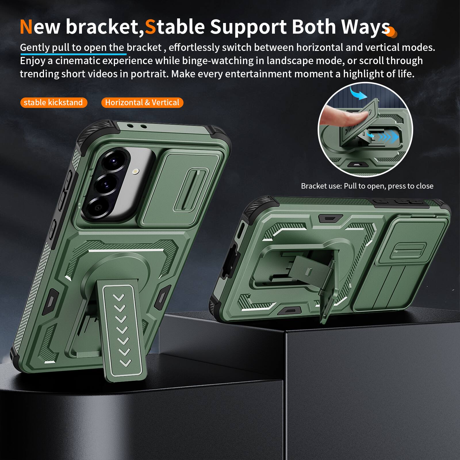 New bracket, Stable Support Both Ways

Gently pull to open the bracket, effortlessly switch between horizontal and vertical modes. Enjoy a cinematic experience while binge-watching in landscape mode, or scroll through trending short videos in portrait. Make every entertainment moment a highlight of life.

stable kickstand
Horizontal & Vertical

Bracket use: Pull to open, press to close