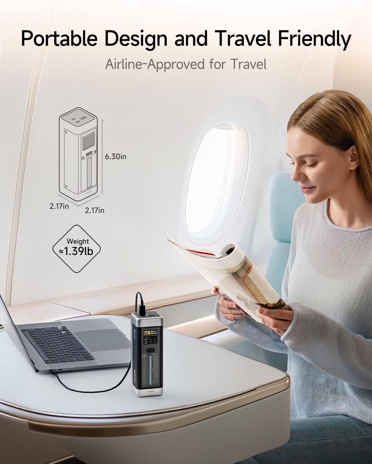 Portable Design and Travel Friendly  
Airline-Approved for Travel  

6.30in  
2.17in  
2.17in  

Weight = 1.39lb