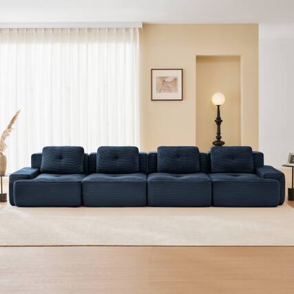 Front. Anysun - 153" Corduroy Modular Sectional Sofa - 4-Seat Deep-Seat Couch, Pearl Piping, Tufted, Buckle Connection, No Assembly - Blue.
