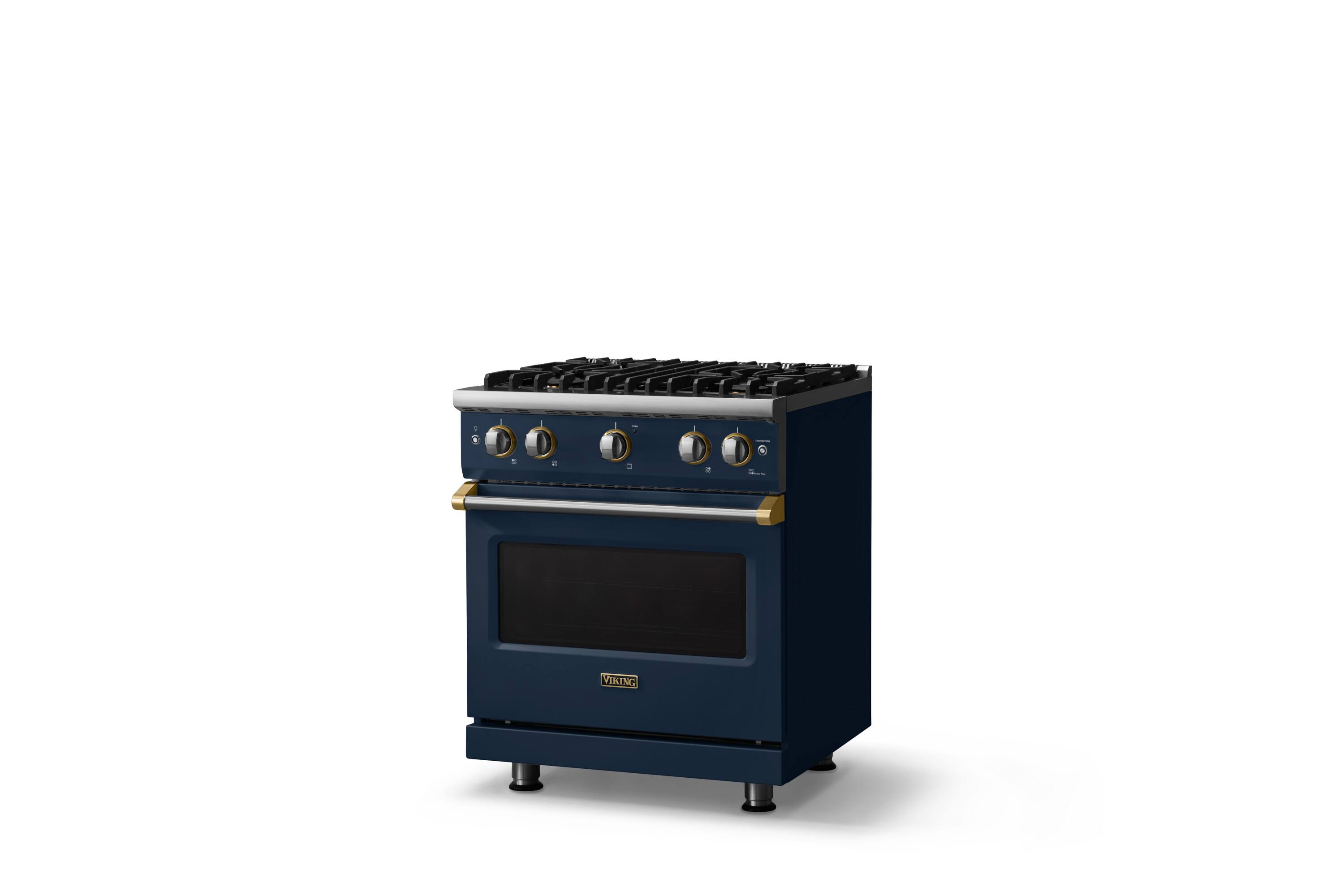 Angle. Viking - Pro 5 Series 4.0 Cu. Ft. Freestanding Sealed 4 Burner Gas Convection Range - Damascus Gray w. Brushed Brass Trim - Slate Blue.
