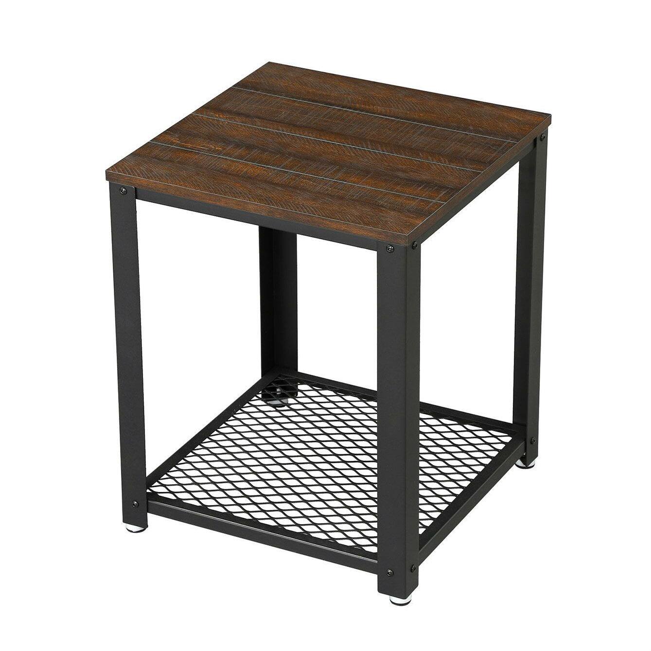 Hivvago - Modern Industrial Metal Wood Nightstand Side Table with Mesh Shelf - Rustic Brown, Black