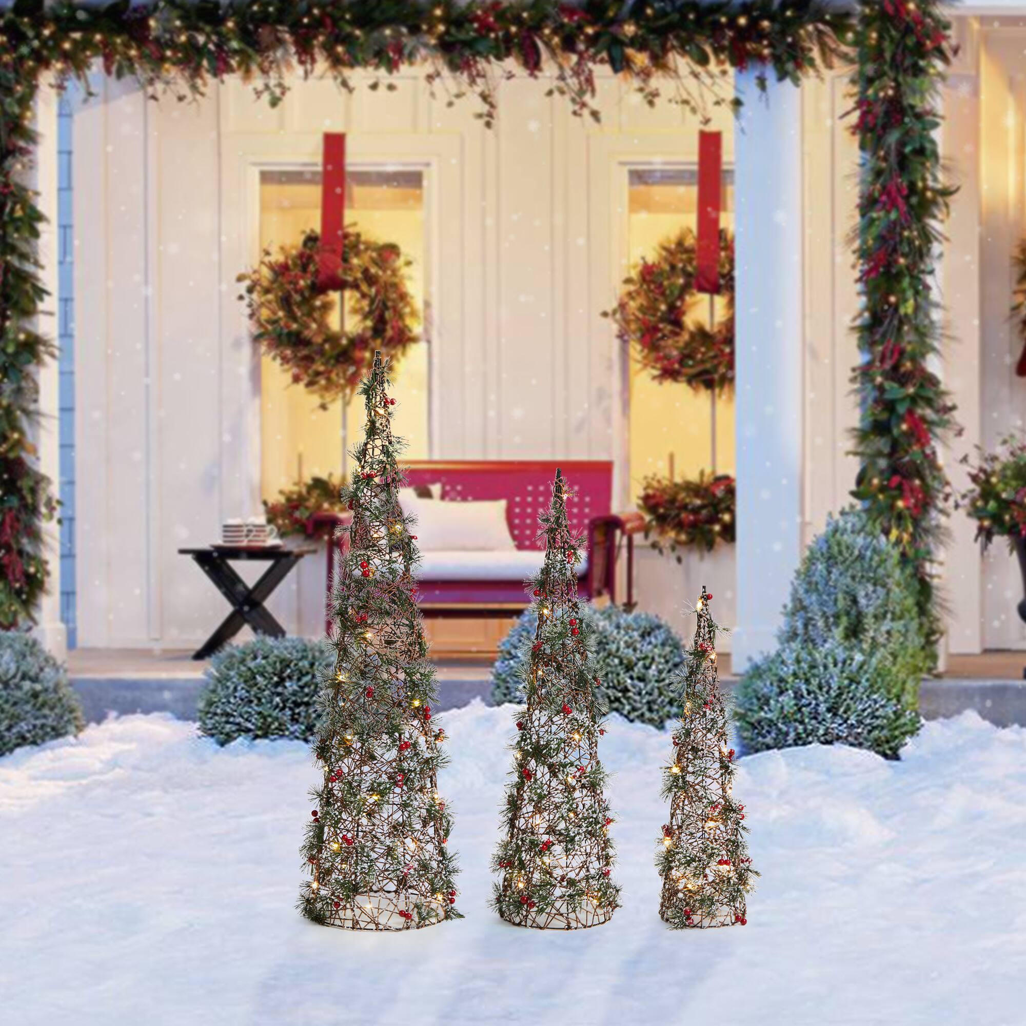 Alt View 4. Glitzhome - Set of 3 Lighted Christmas Plastic Cone Tree with 75 LED Lights - Multi-Colored.