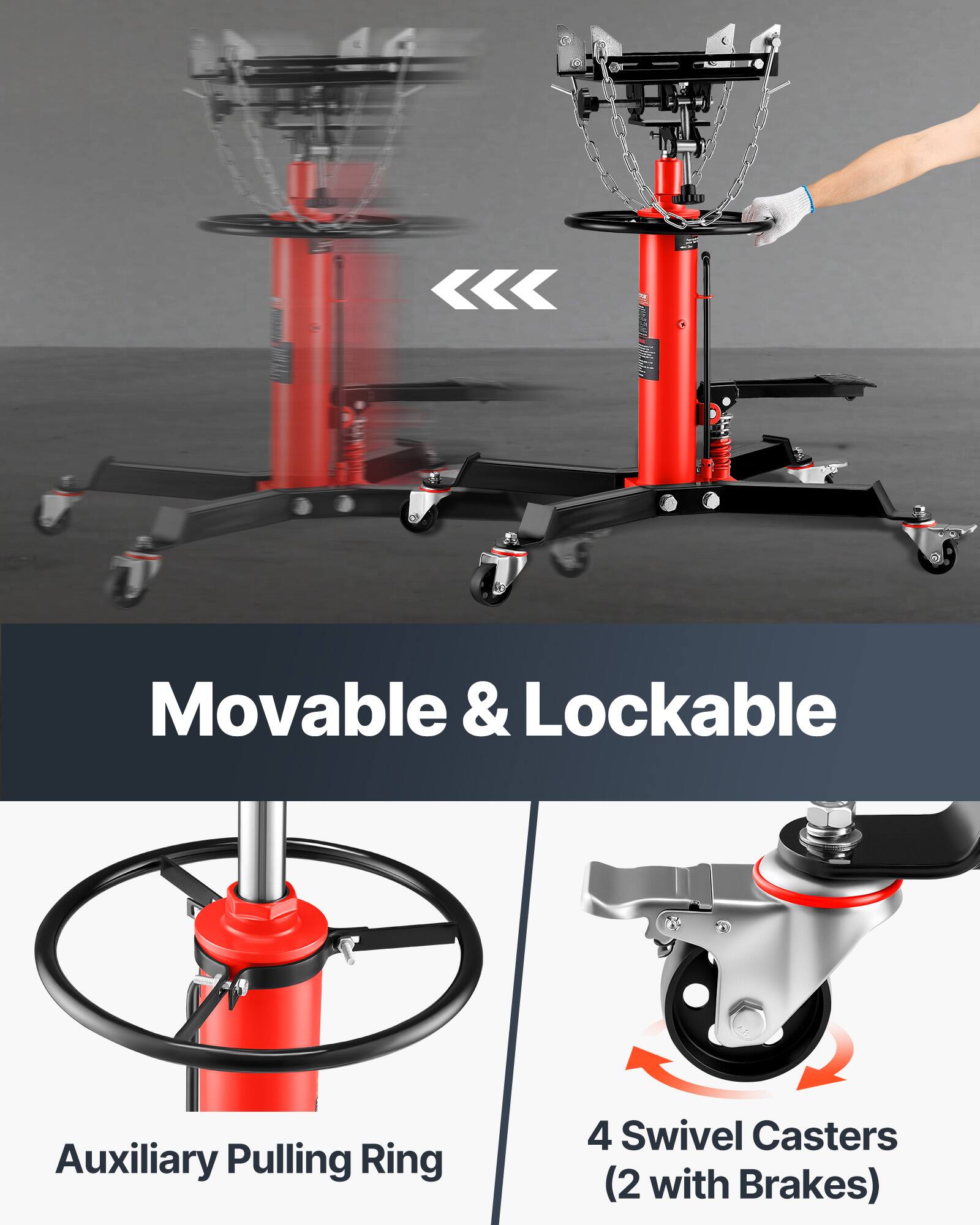Movable & Lockable Auxiliary Pulling Ring 4 Swivel Casters (2 with Brakes)