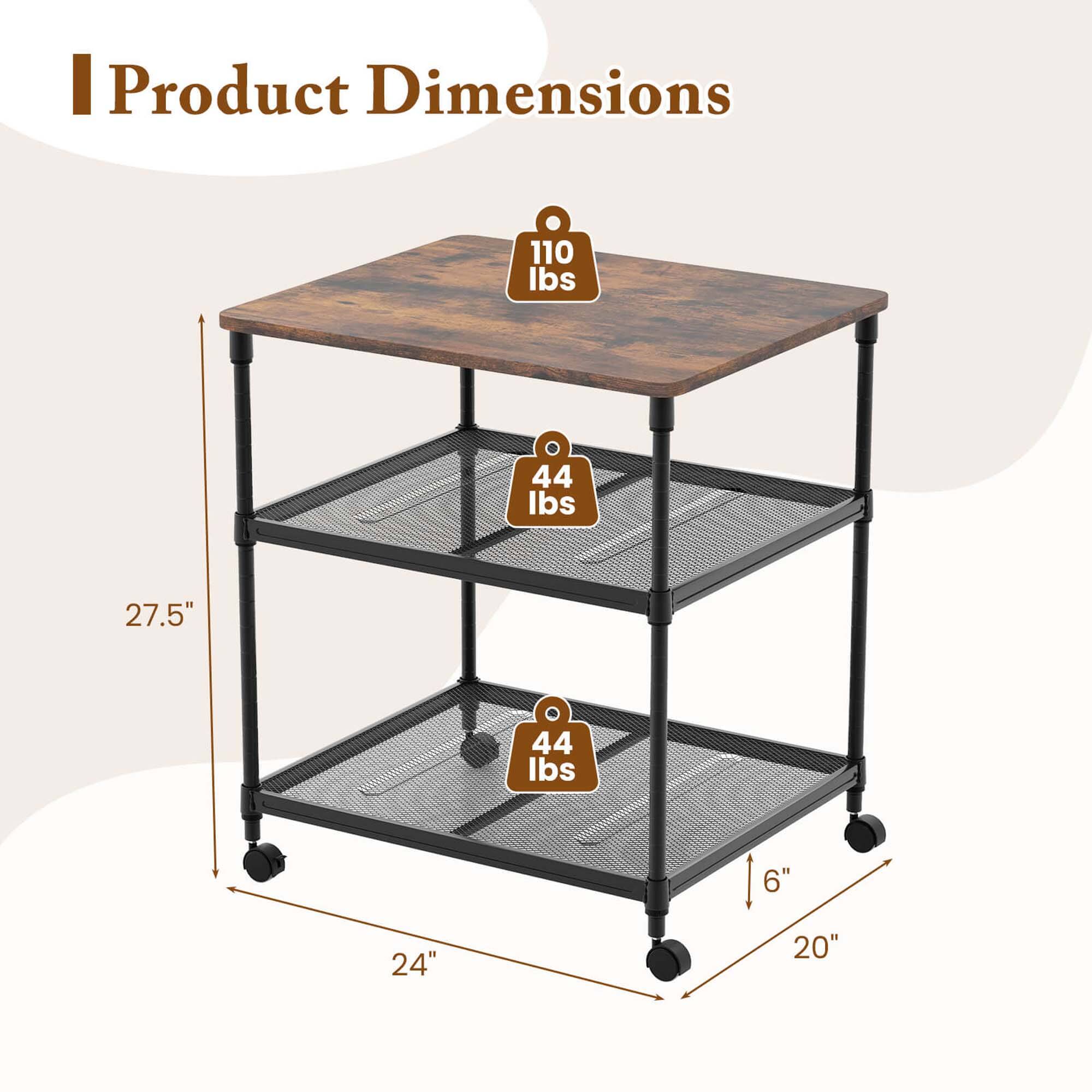 Product Dimensions

- 110 lbs
- 44 lbs
- 44 lbs

Dimensions:
- 27.5" (height)
- 24" (width)
- 20" (depth)
- 6" (shelf height)