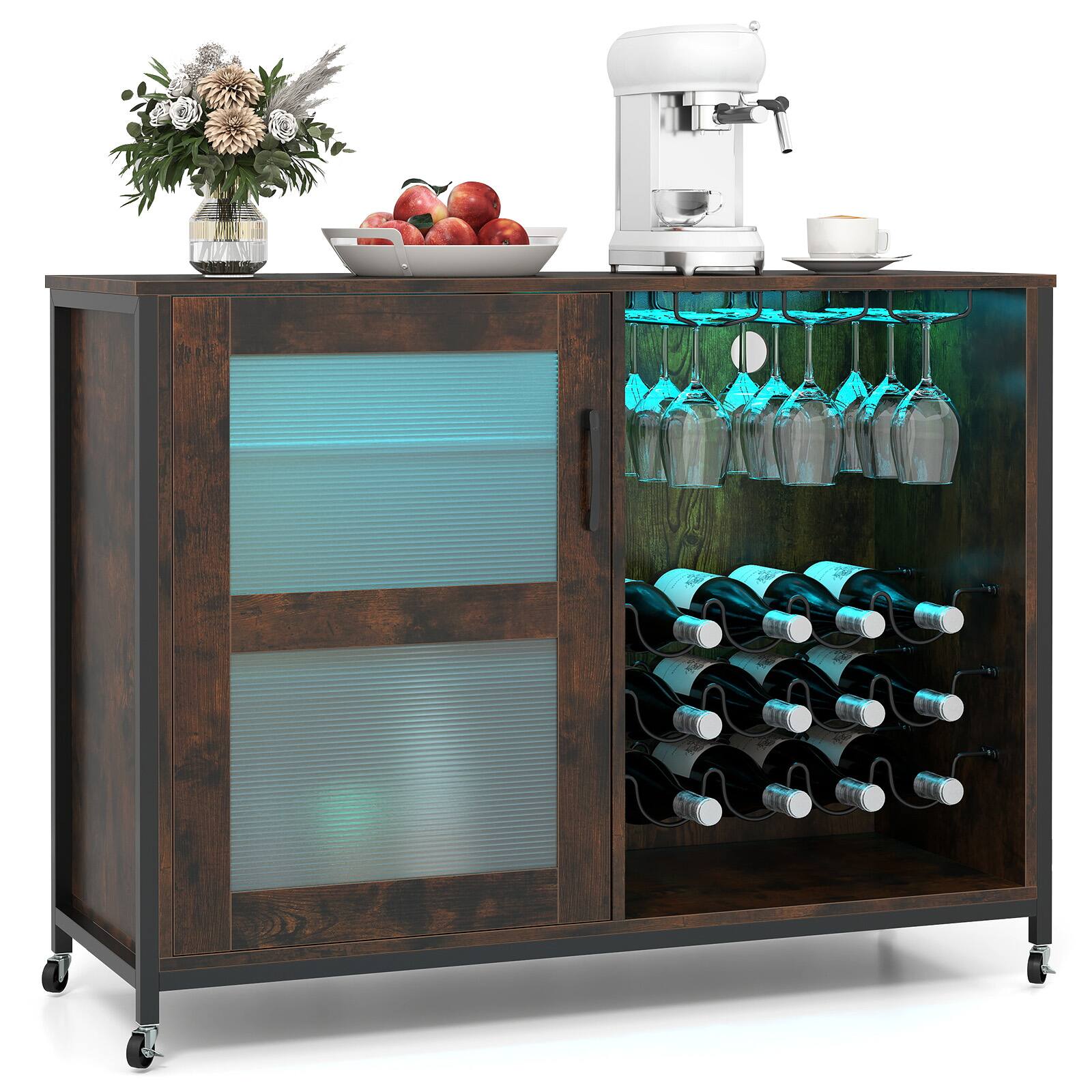 Alt View 9. Gymax - Gymax Wine Bar Cabinet w/ Wheels LED Lights Storage Shelves Glass Holders Wine Racks - Rustic Brown.