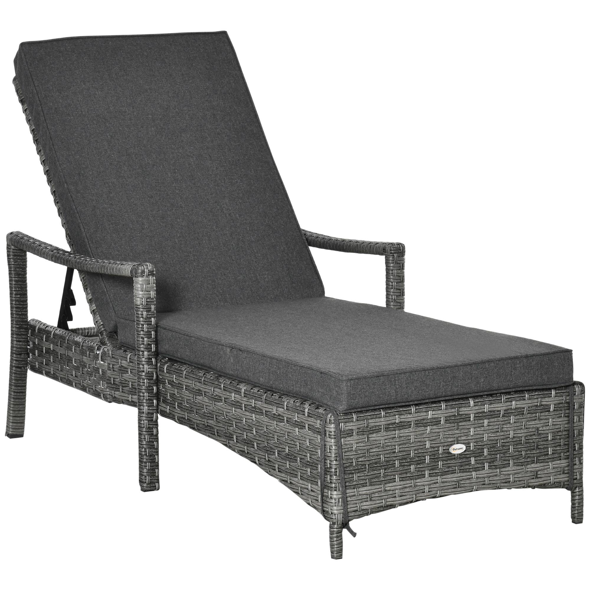 Front. Outsunny - Wicker Chaise Lounge, 4 Position Adjustable Backrest and Cushions Outdoor Lounge Chair PE Rattan Sun Lounger - Dark Grey.