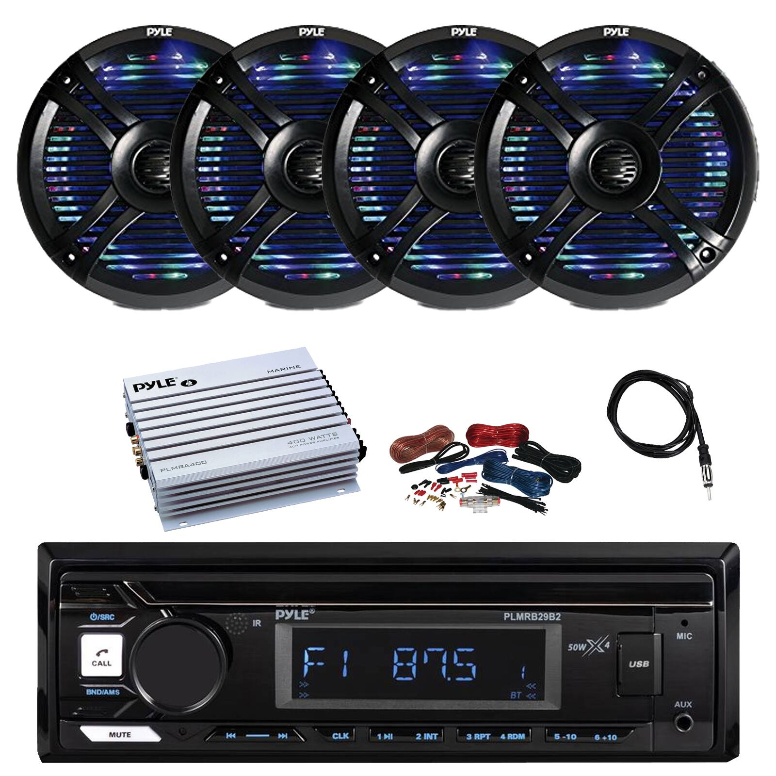 Pyle - Marine Bluetooth Stereo Receiver, 4x 6.5" 250W Multi-Color LED Waterproof Speakers, Amplifier w/Kit, Radio Antenna
