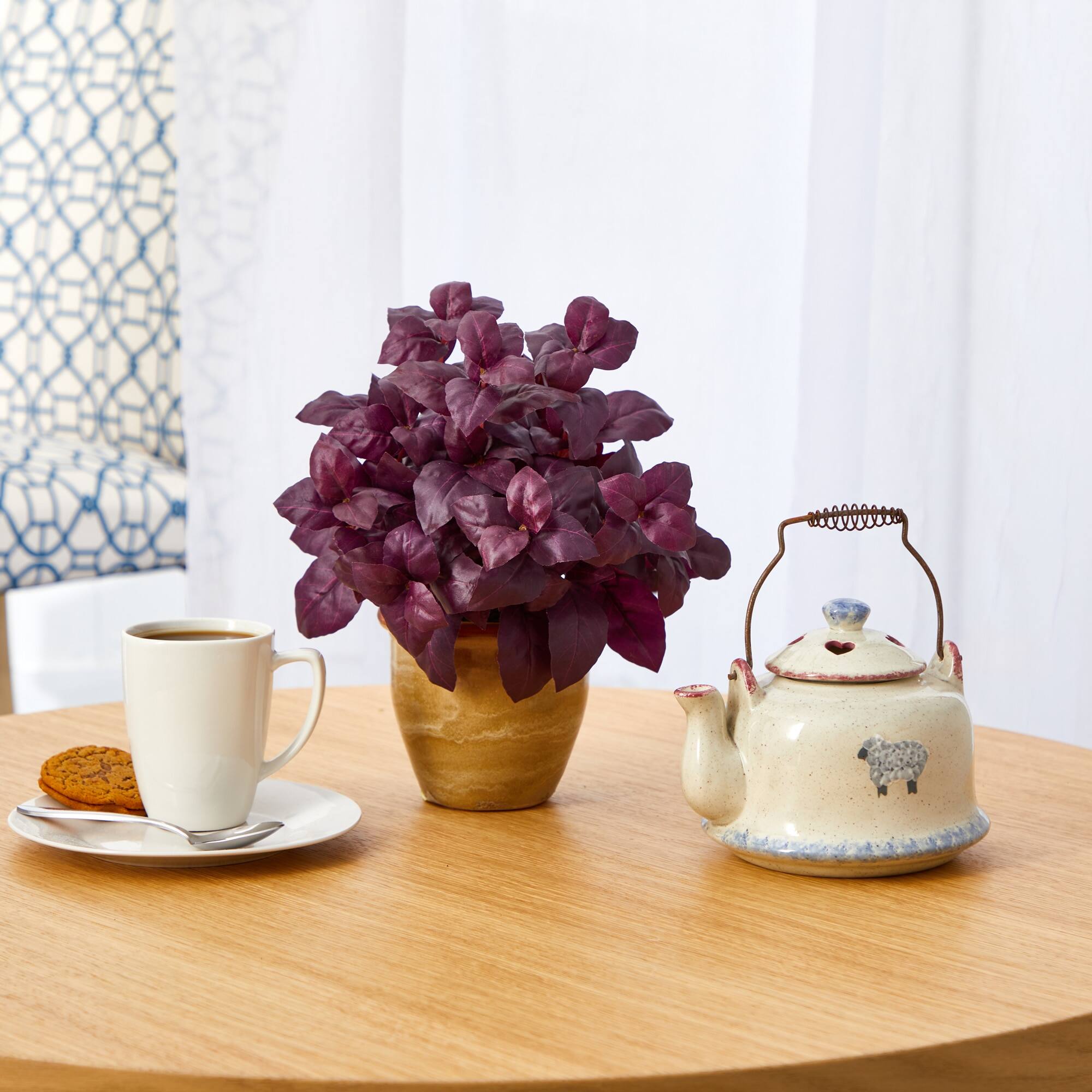 Left. BreeBe - 12" Basil Artificial Plant in Ceramic Planter - Burgundy.