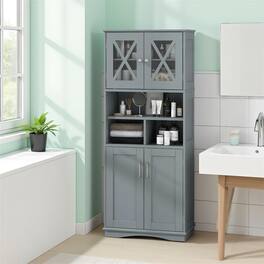 Pefilos - Tall Bathroom Cabinet, Large Floor Storage, Acrylic Doors 3 Cubes, Waterproof - Gray