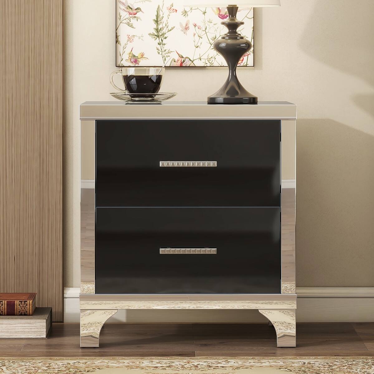 Back. Loheer - Loheer Black Two Drawer Nightstand, High Gloss Mirrored Bedside Table - Black.