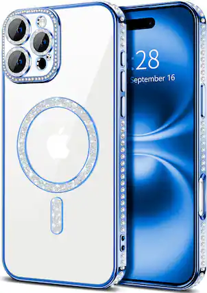 Front. Entronix - Entronix Magnetic Case for iPhone 16 Pro Max - Luxury Clear Back with Diamonds - Blue.