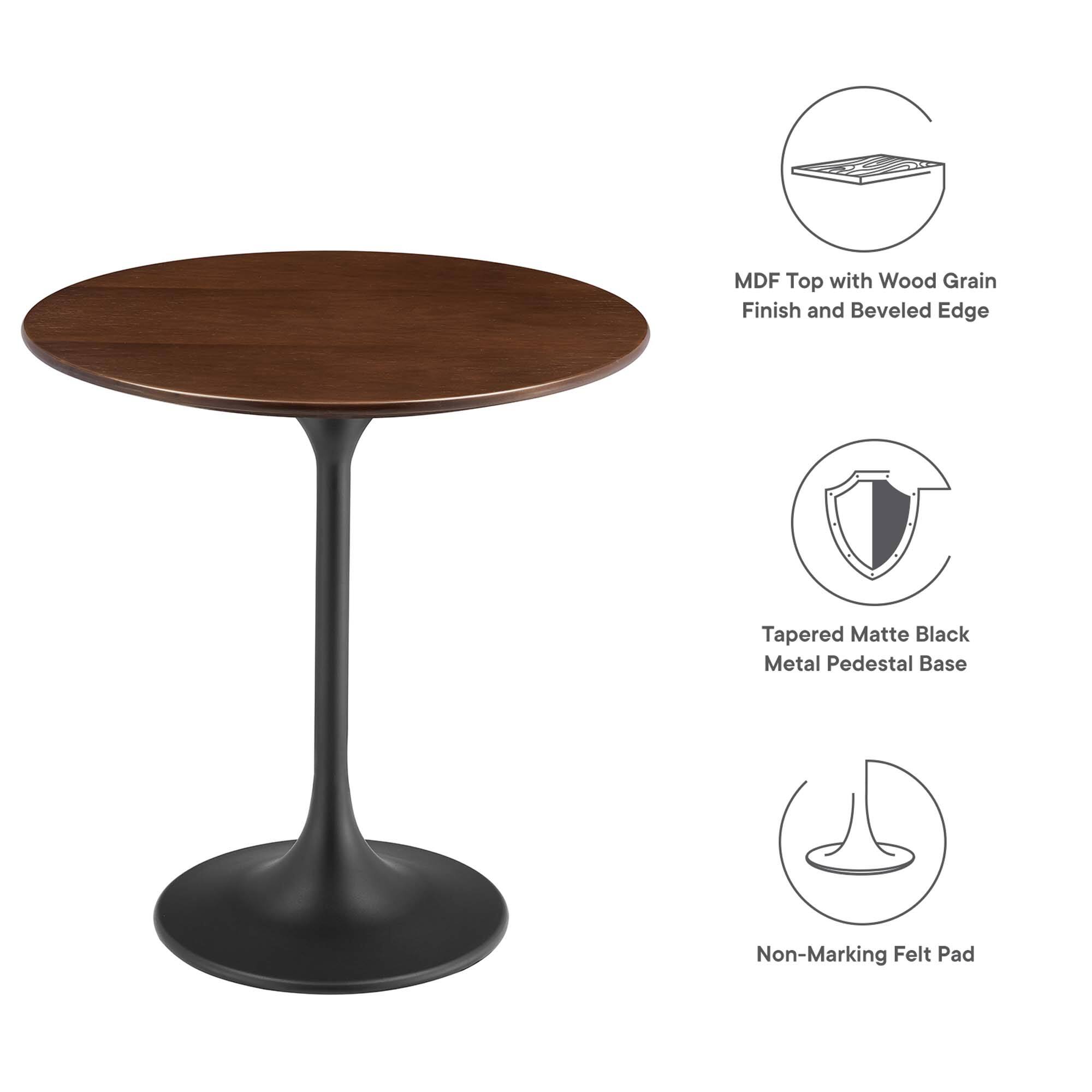 MDF Top with Wood Grain Finish and Beveled Edge  
Tapered Matte Black Metal Pedestal Base  
Non-Marking Felt Pad