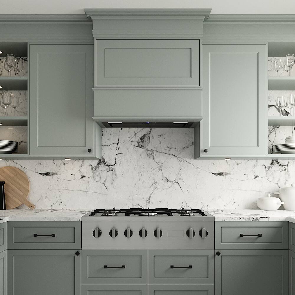 Left. Streamline - 28 in. Bradano Convertible Insert 350 CFM Range Hood, Mesh Filters, Touchpad Control, LED Lights - Glossy Black.