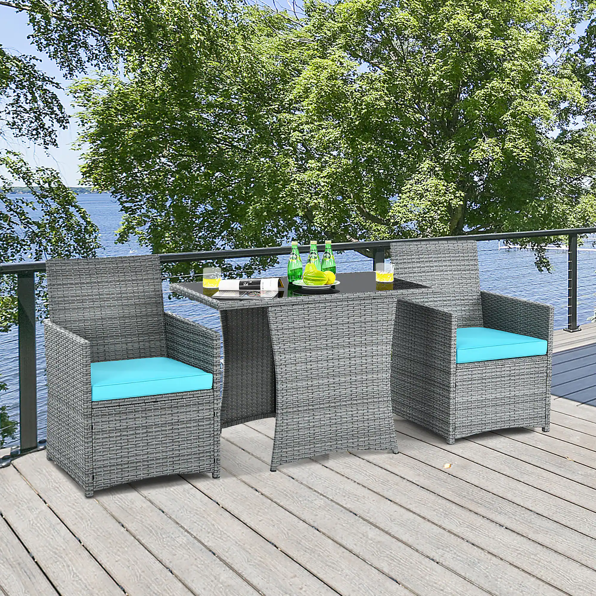 Alt View 3. Costway - Costway 3PCS Patio Rattan Furniture Set Cushioned Sofa Armrest - Turquoise.