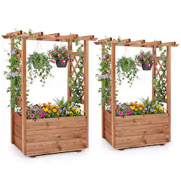 Gymax - 2PCS Wooden Raised Garden Bed/ Lattice Trellises Hanging Roof Drainage Outdoor - Orange