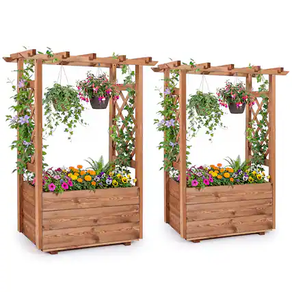 Front. Gymax - Gymax 2PCS Wooden Raised Garden Bed/ Lattice Trellises Hanging Roof Drainage Outdoor - Orange.