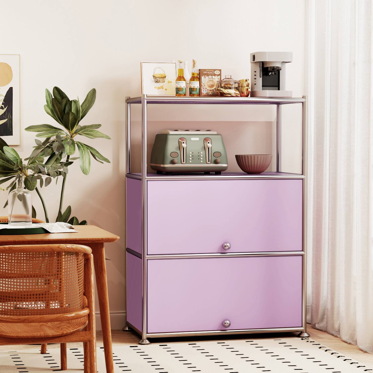 Alt View 1. Malletson - 3-Tier Metal Sideboard Buffet Storage Cabinet Modern Grid-Style, for Dining Room, Living Room or Office - Pink.