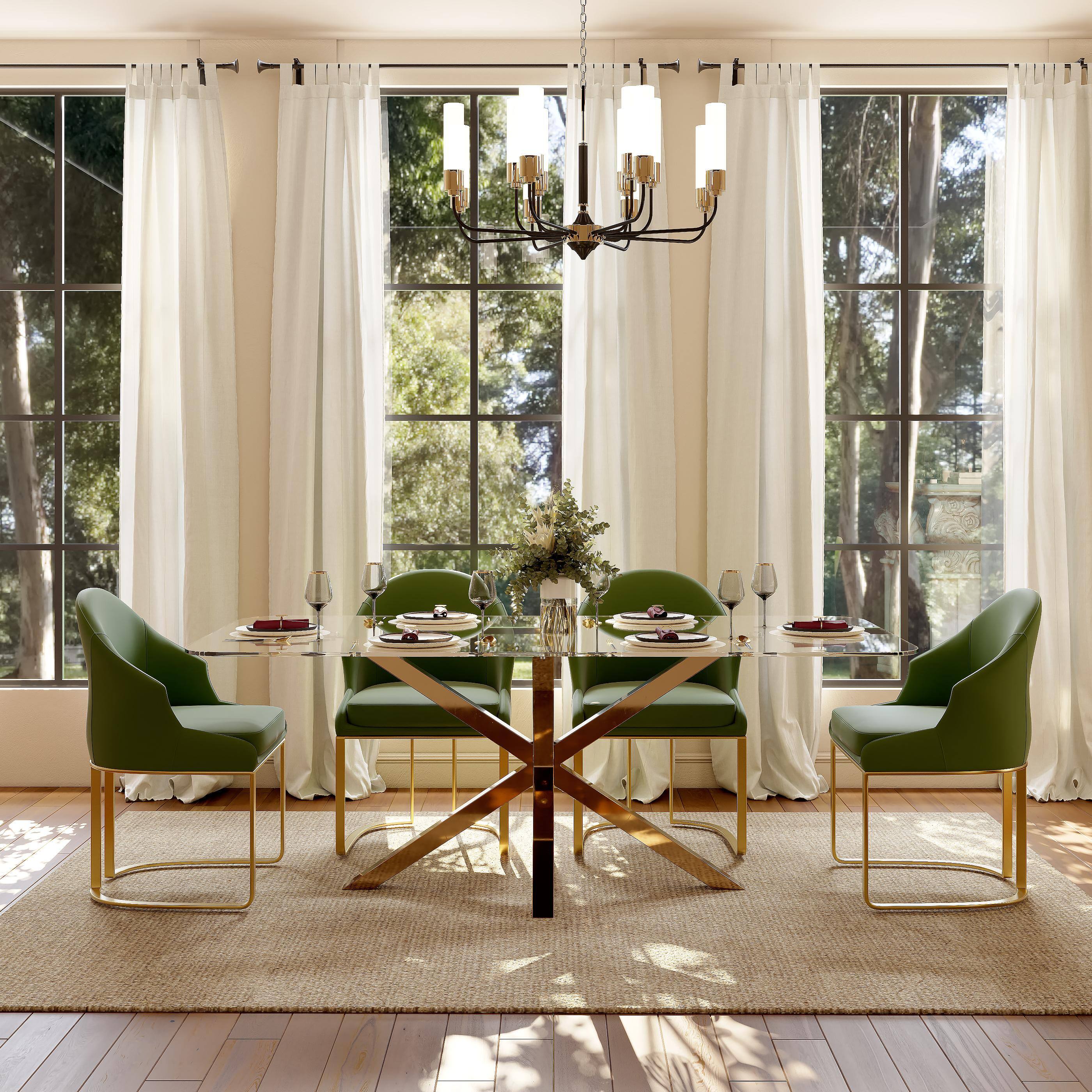 Left. POVISON - Modern Luxury Upholstered Green Dining Chairs Set of 2, Boucle Dining Chairs, Low Back Dining Chairs with Gold Legs - Green PU Leather.