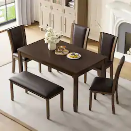 Loheer - 6 Piece Dining Table Set with Bench and Chairs, Farmhouse Style - Dark Walnut