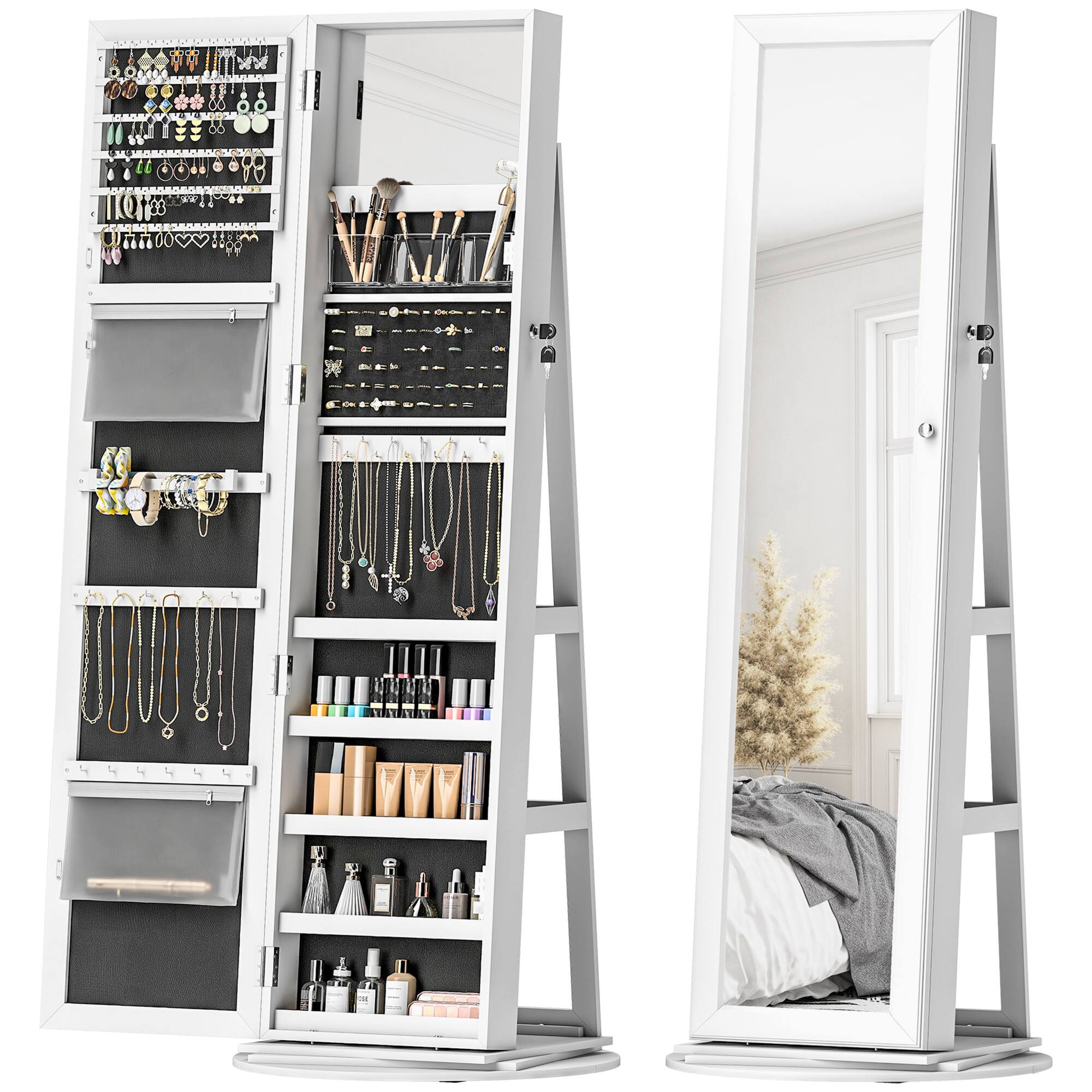 Homcom - Swivel Jewelry Armoire, Lockable Jewelry Cabinet with Full-Length Mirror - White