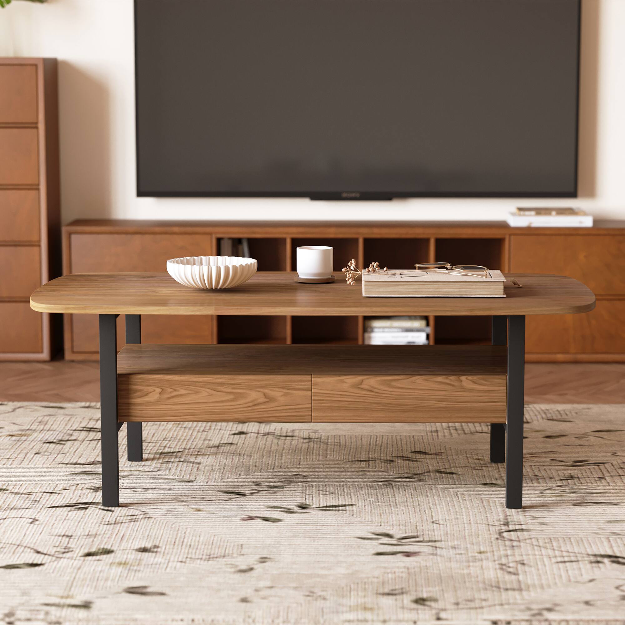 Angle. luck idea - 47.2" Coffee Table with Double Drawers and Metal Legs - Walnut Color.