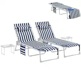 PULUZ - Tanning Chair Set of 2 with Face Hole and Side Table, 5-Position Folding Outdoor Chaise Lounge Chair - Blue and White
