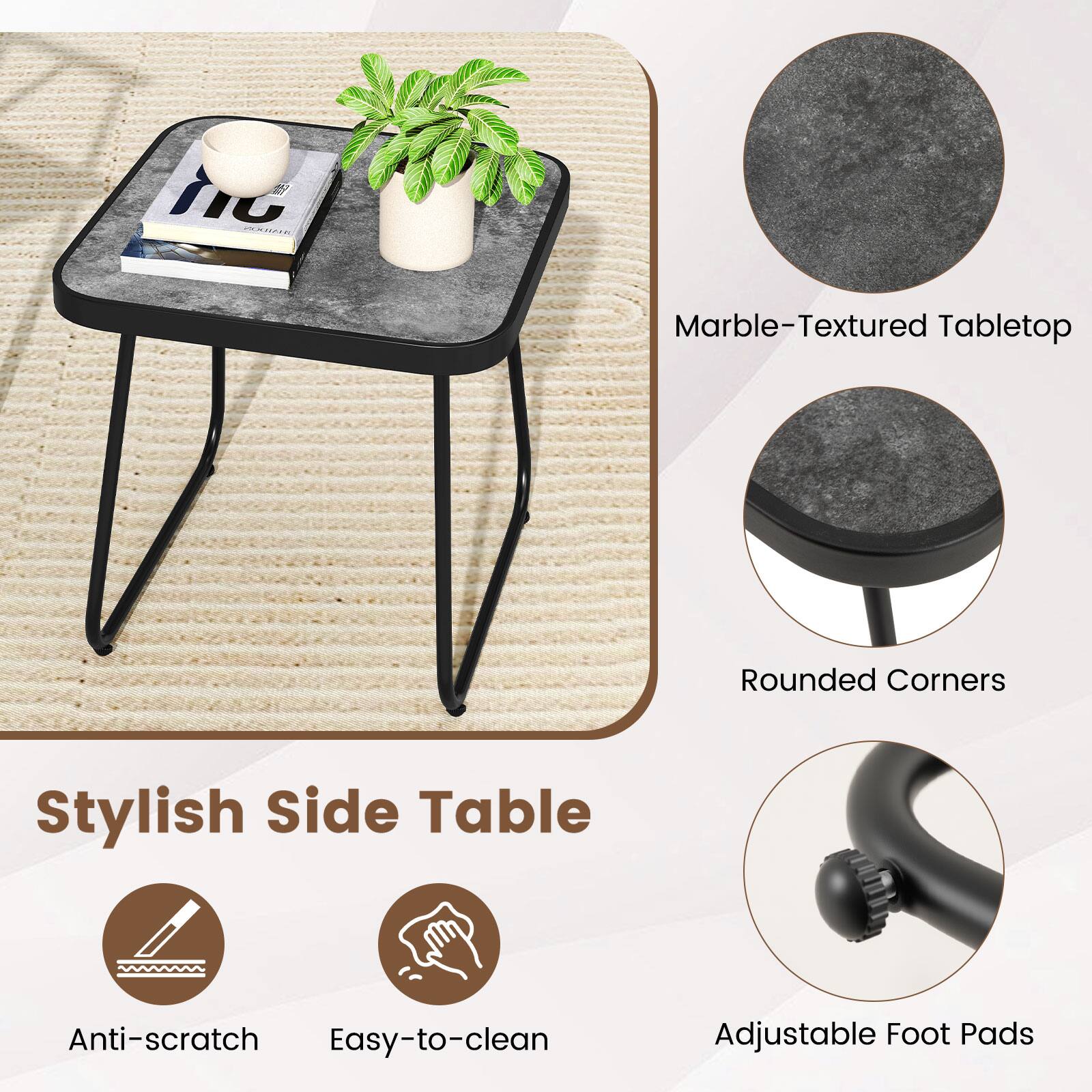 iG NEOEO Marble-Textured Tabletop Rounded Corners Stylish Side Table Anti-scratch Easy-to-clean Adjustable Foot Pads
