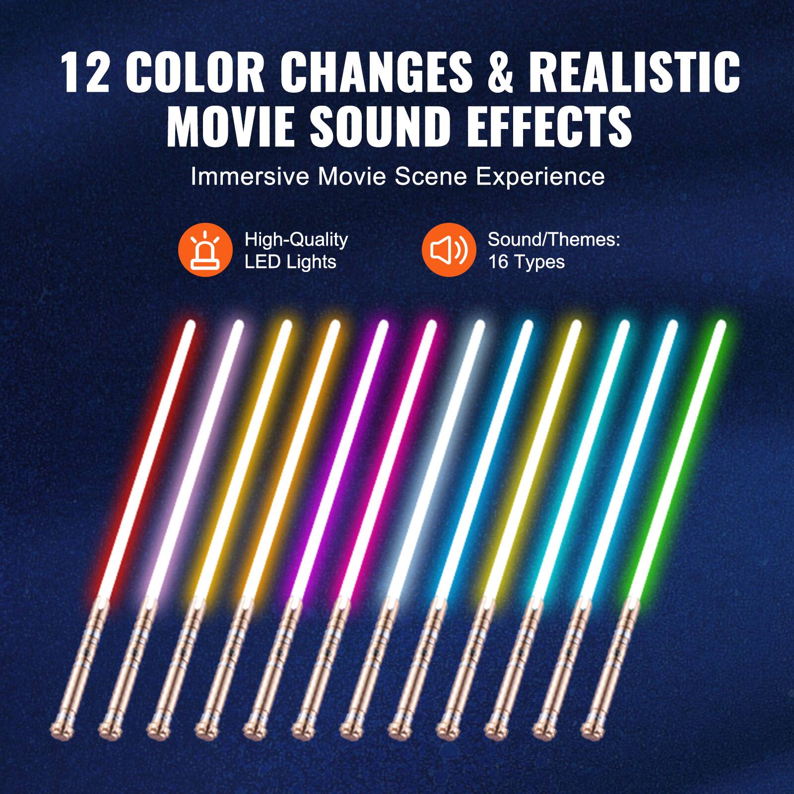 12 COLOR CHANGES & REALISTIC MOVIE SOUND EFFECTS  
Immersive Movie Scene Experience  

High-Quality LED Lights  
Sound/Themes: 16 Types