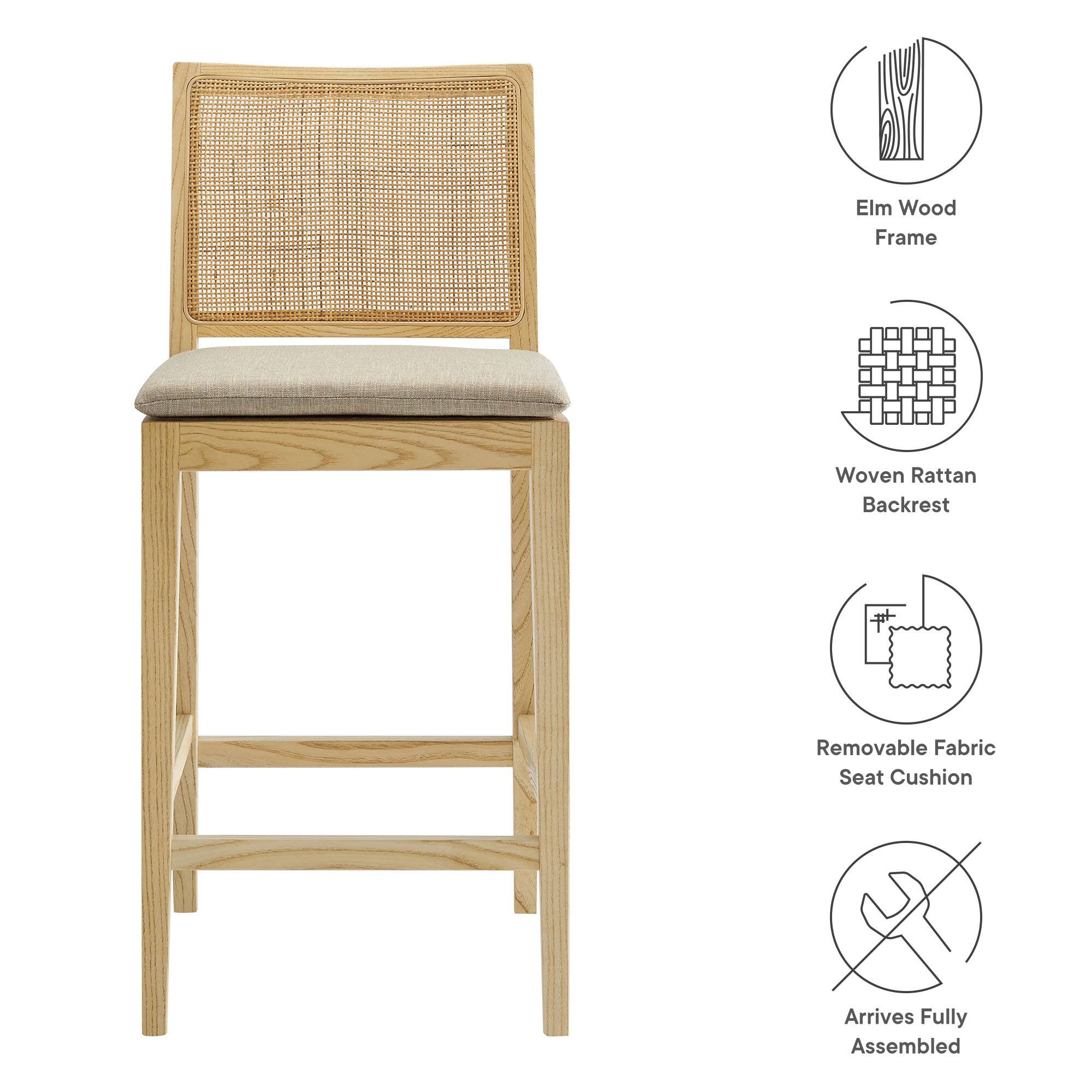 Elm Wood Frame  
Woven Rattan Backrest  
Removable Fabric Seat Cushion  
Arrives Fully Assembled