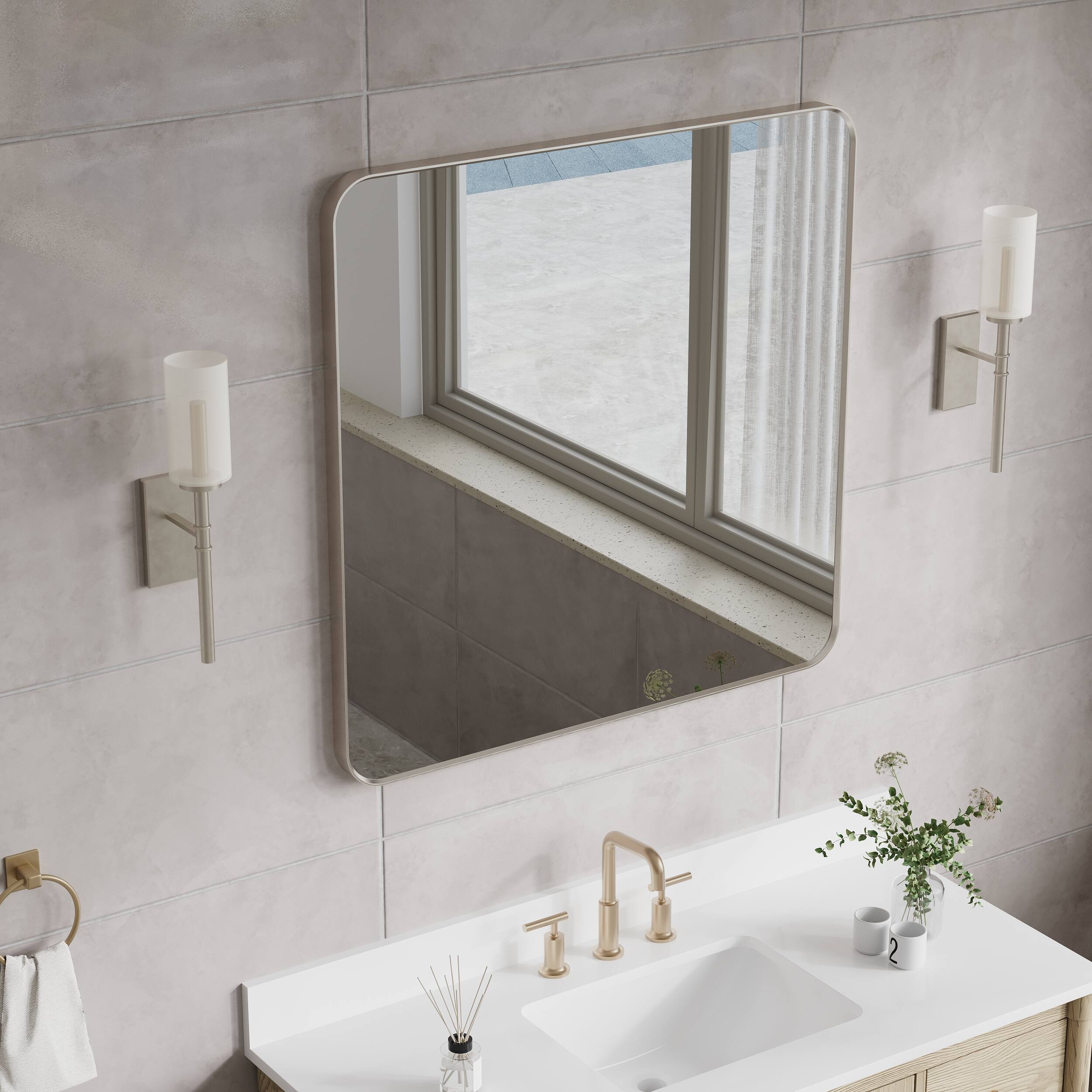 Left. WELLFOR - 36 in. W x 36 in. H Square Aluminum Framed Wall-Mounted Bathroom Vanity Mirror - Brushed Nickel.