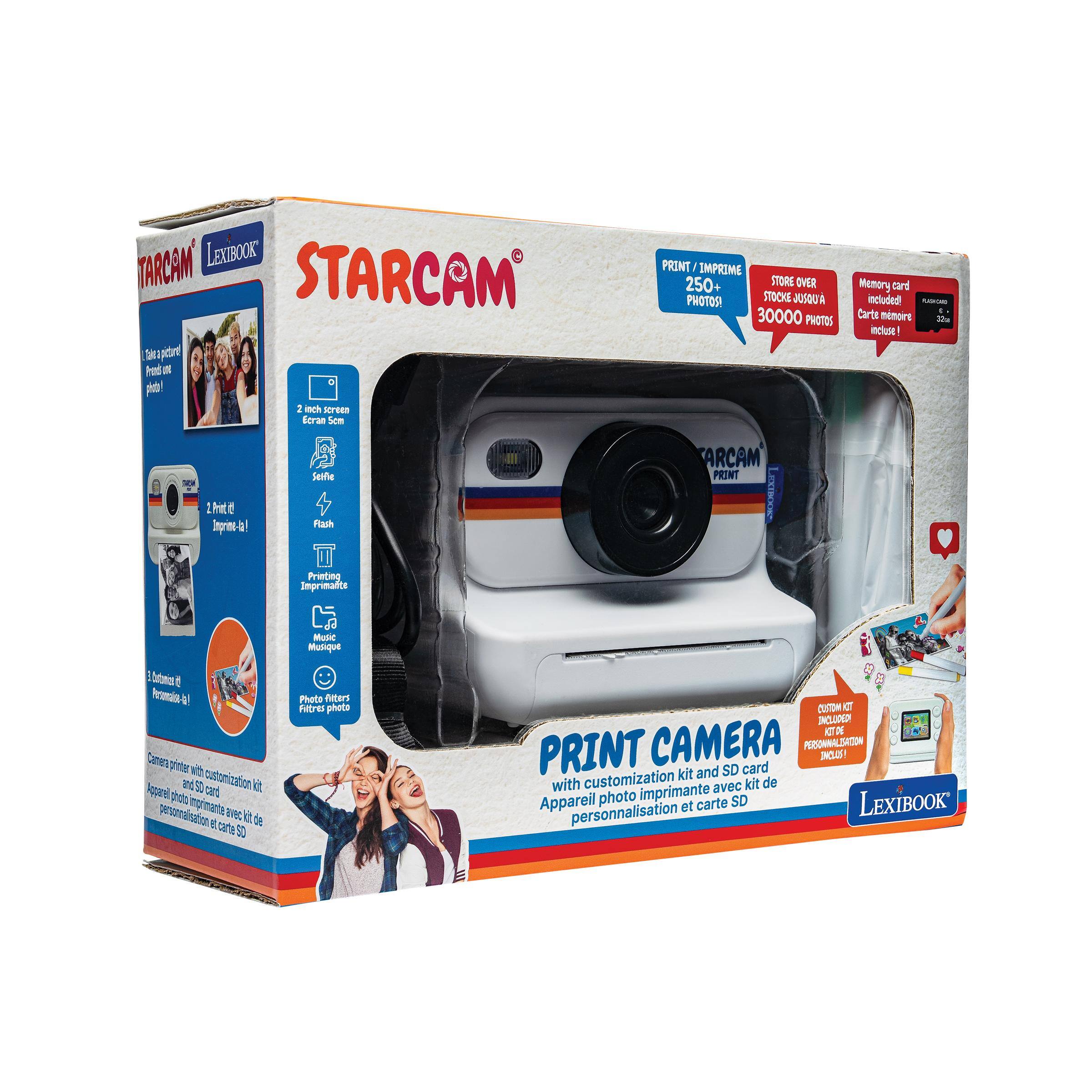 STARCAM LEXIBOOK

PRINT / IMPRIME 250+ PHOTOS!  
STORE OVER 30000 PHOTOS  
Memory card included - Carte mémoire incluse

PRINT CAMERA  
with customization kit and SD card  
Appareil photo imprimante avec kit de personnalisation et carte SD

1. Print it!  
2. Add music  
3. Add filters