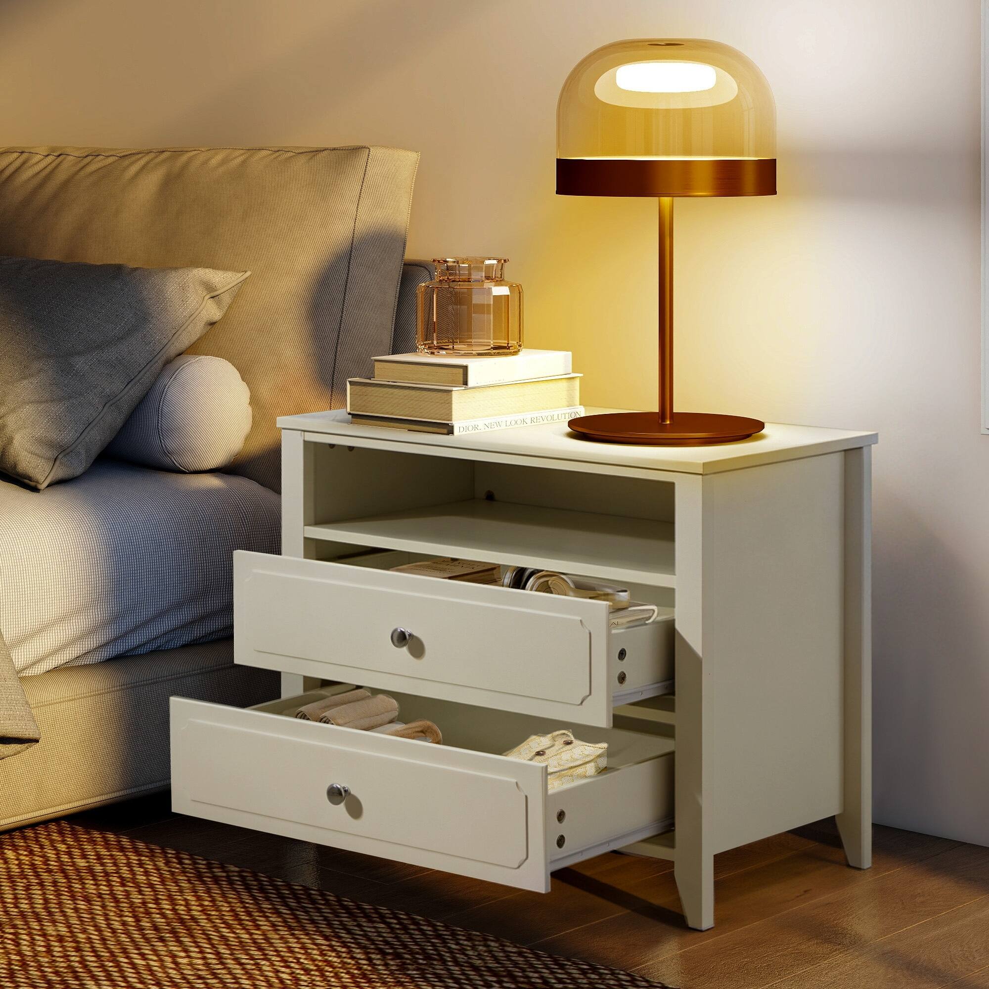 Alt View 4. U-HOMY - Modern 2-Drawer Nightstand with Open Shelf, Wide Bedside Table with Solid Wood Legs for Bedroom Storage - White.