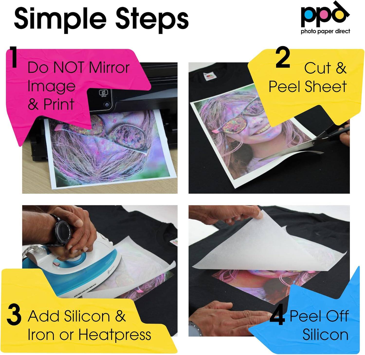 Simple Steps

1. Do NOT Mirror Image & Print
2. Cut & Peel Sheet
3. Add Silicon & Iron or Heatpress
4. Peel Off Silicon