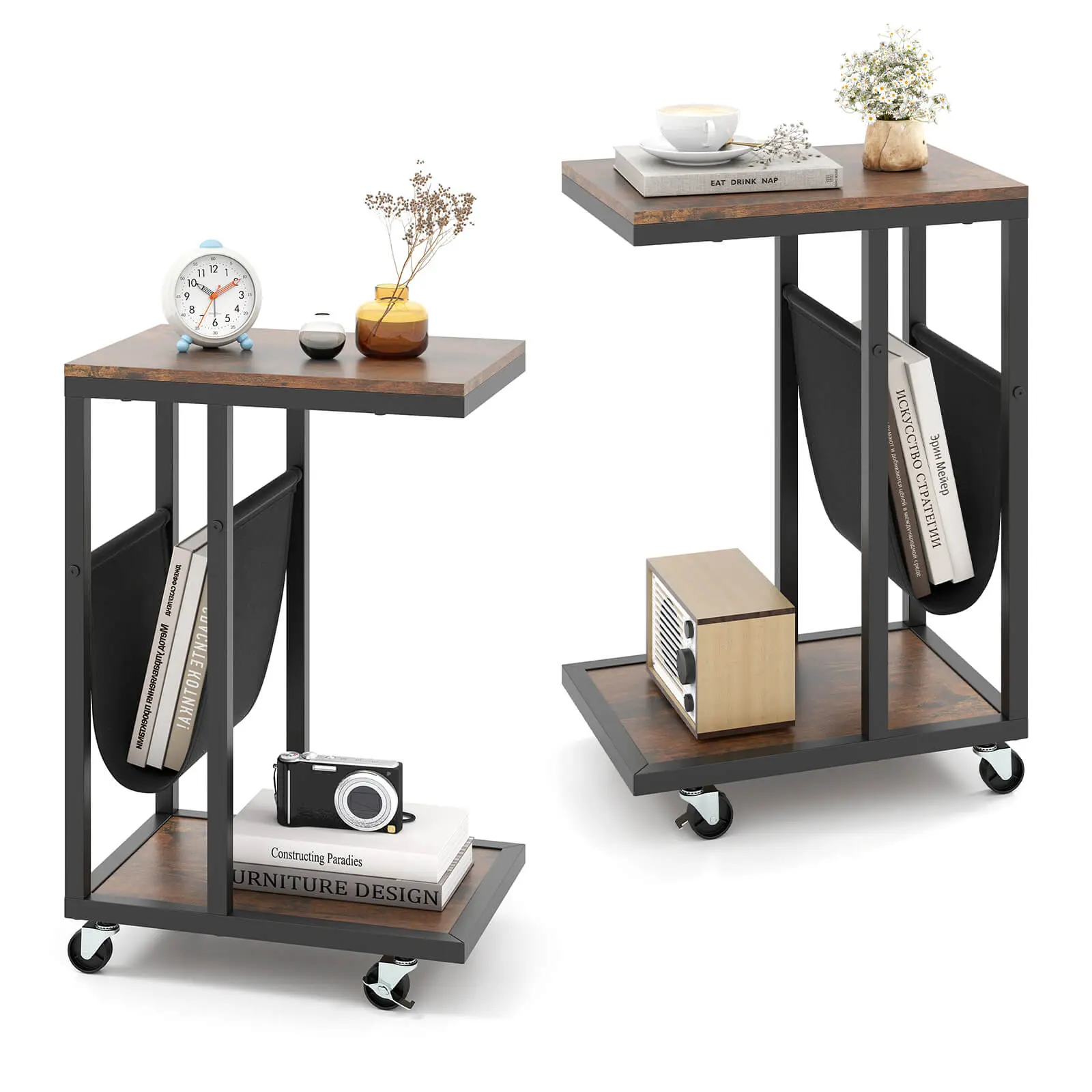 Costway - 2 PCS C-shaped Side Table 2-tier Sofa Couch Table with Canvas Storage Pouch Brown - Rustic Brown,Black