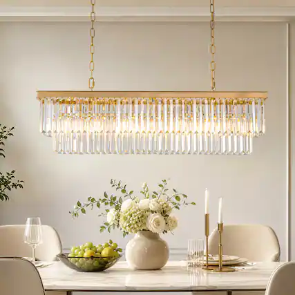 Front. Siljoy - 40-inch 7 Light Gold Crystal Linear Chandelier with Adjustable Chain for Dining Room and Kitchen Island - Gold.