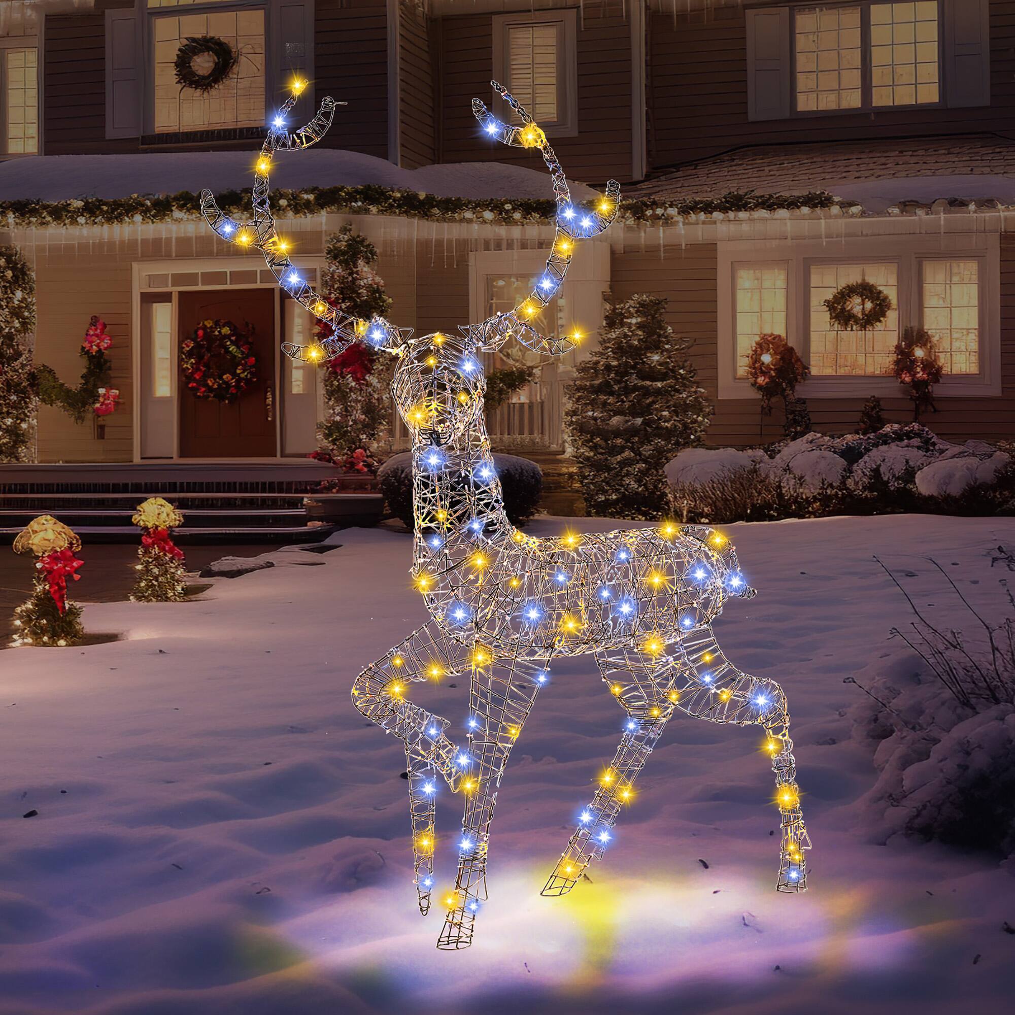 Gymax - Christmas 3D Lighted Reindeer Pre-Lit Rattan Buck w/ Large Antlers & 170 LED Lights - Brown