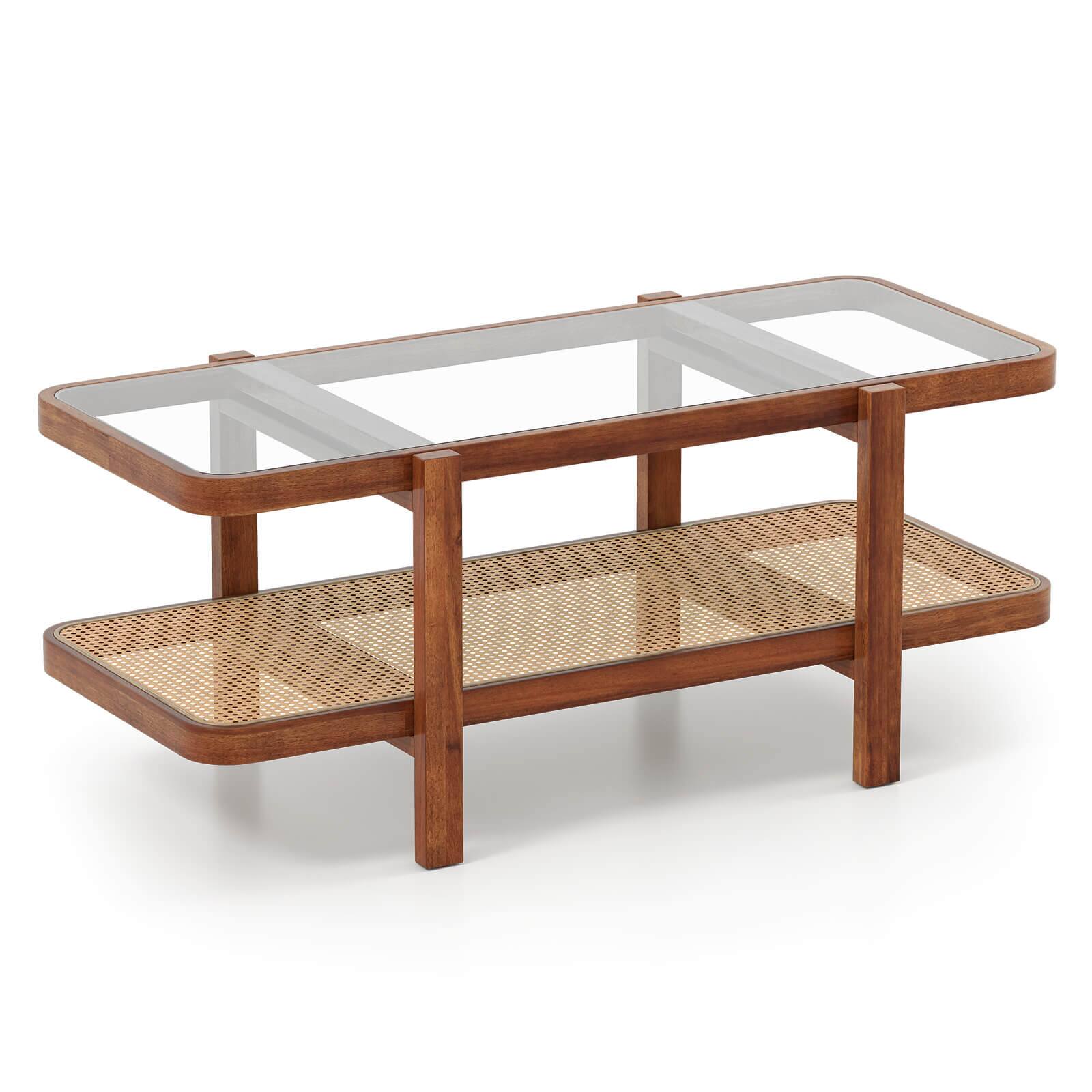 Costway - 2-Tier Rustic Coffee Table with Storage Tempered Glass Tabletop PE Rattan Shelf - Brown